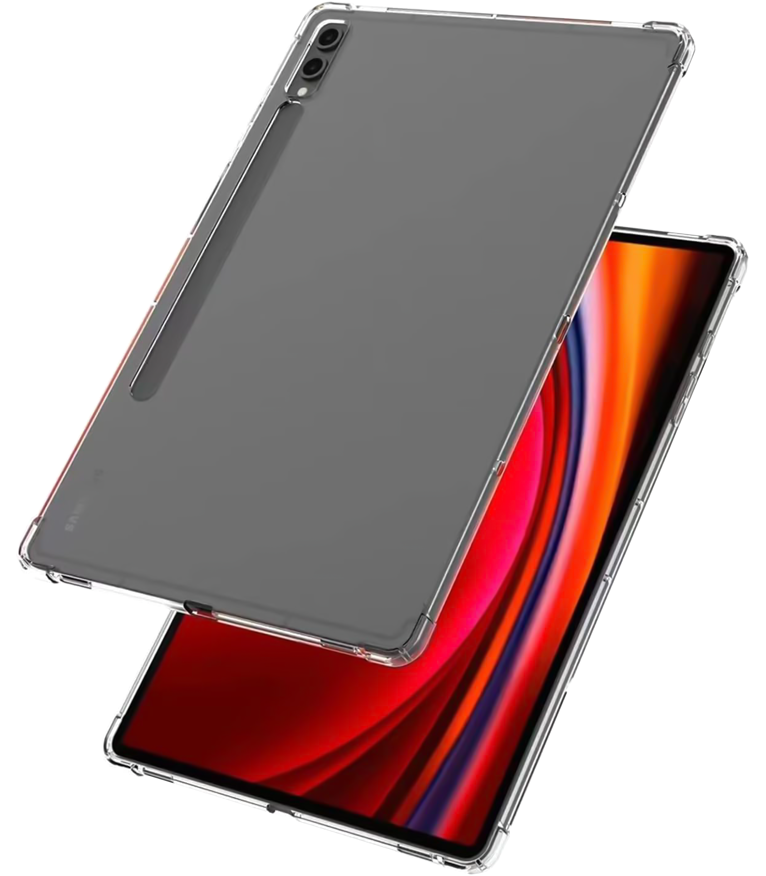 Tablet mit grauem Cover, klarer Hülle. Bildschirm zeigt rotes, orangefarbenes und violettes abstraktes Design.