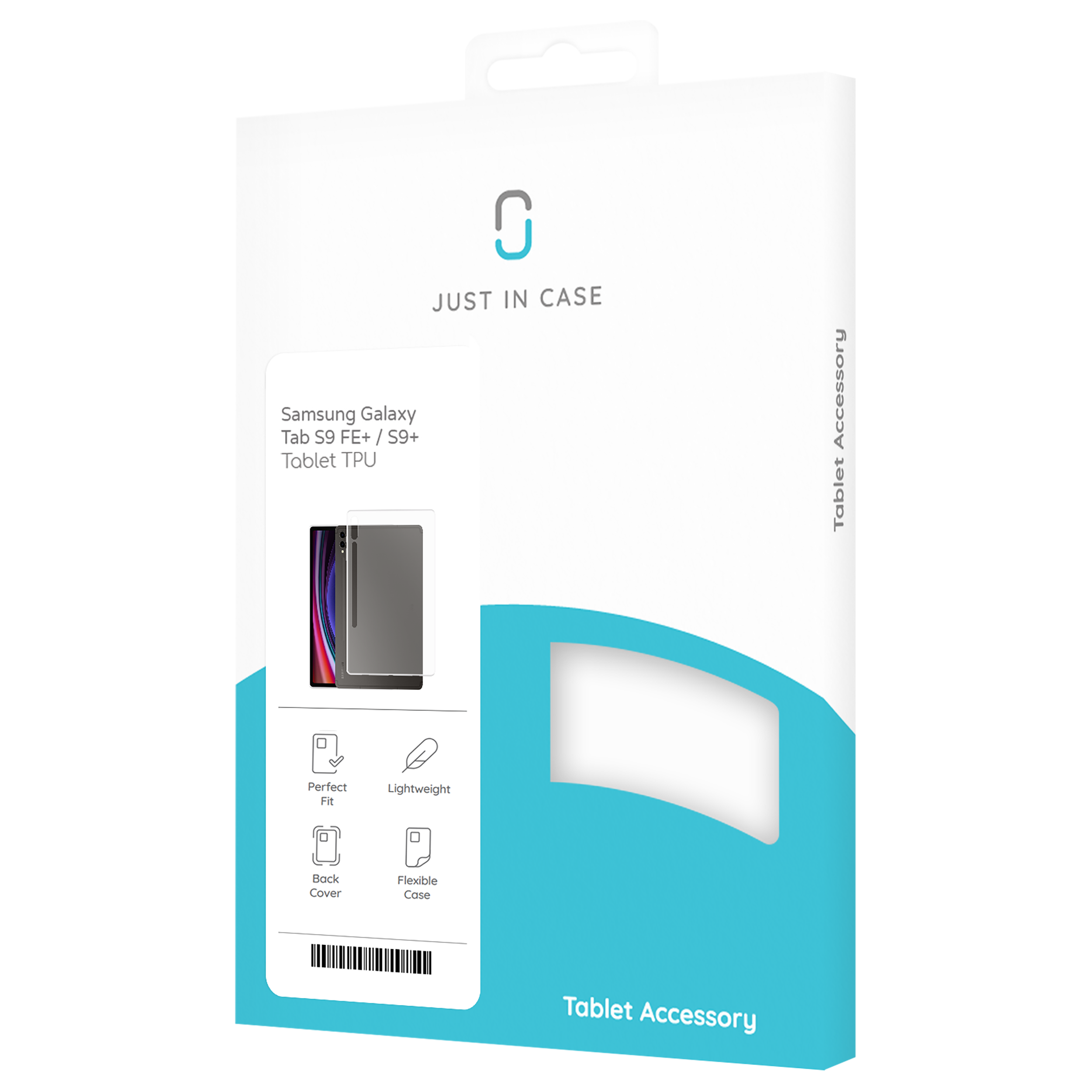 Eine Tablet-Hüllenverpackung, weißer Hintergrund, mit blauen Akzenten. Sie hat den Markennamen, das Tablet-Modell und Funktionssymbole.