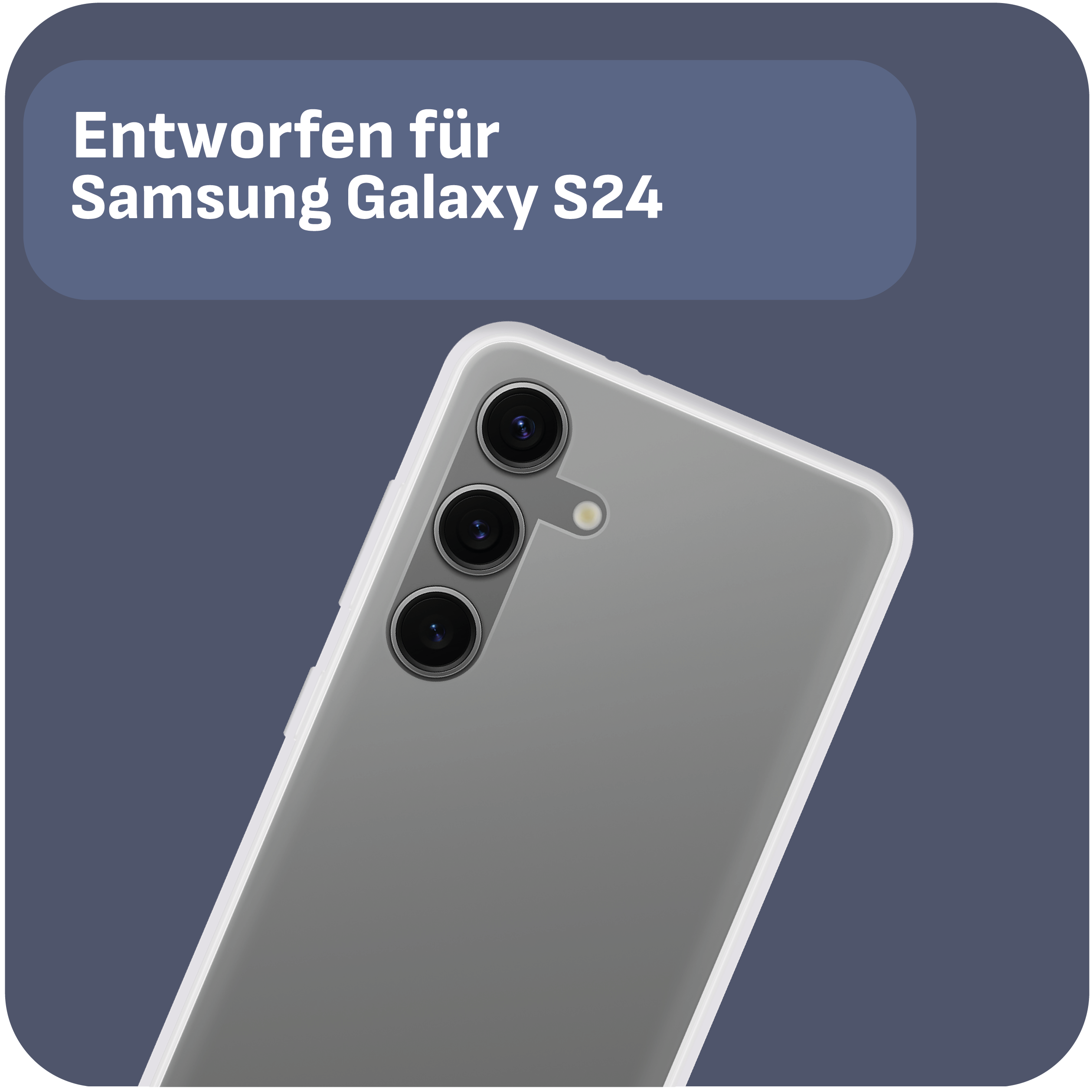 Eine graue Handyhülle, entworfen für Samsung Galaxy S24, auf einem blau-grauen Hintergrund.