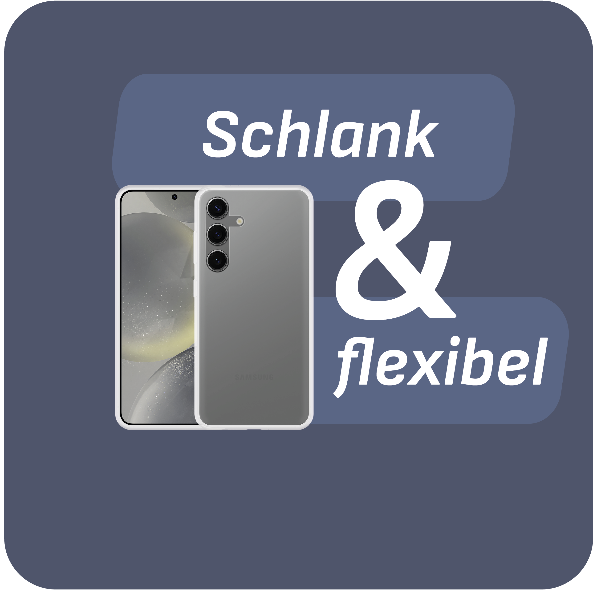 Handyhülle mit 'Schlank & flexibel' und Telefon.