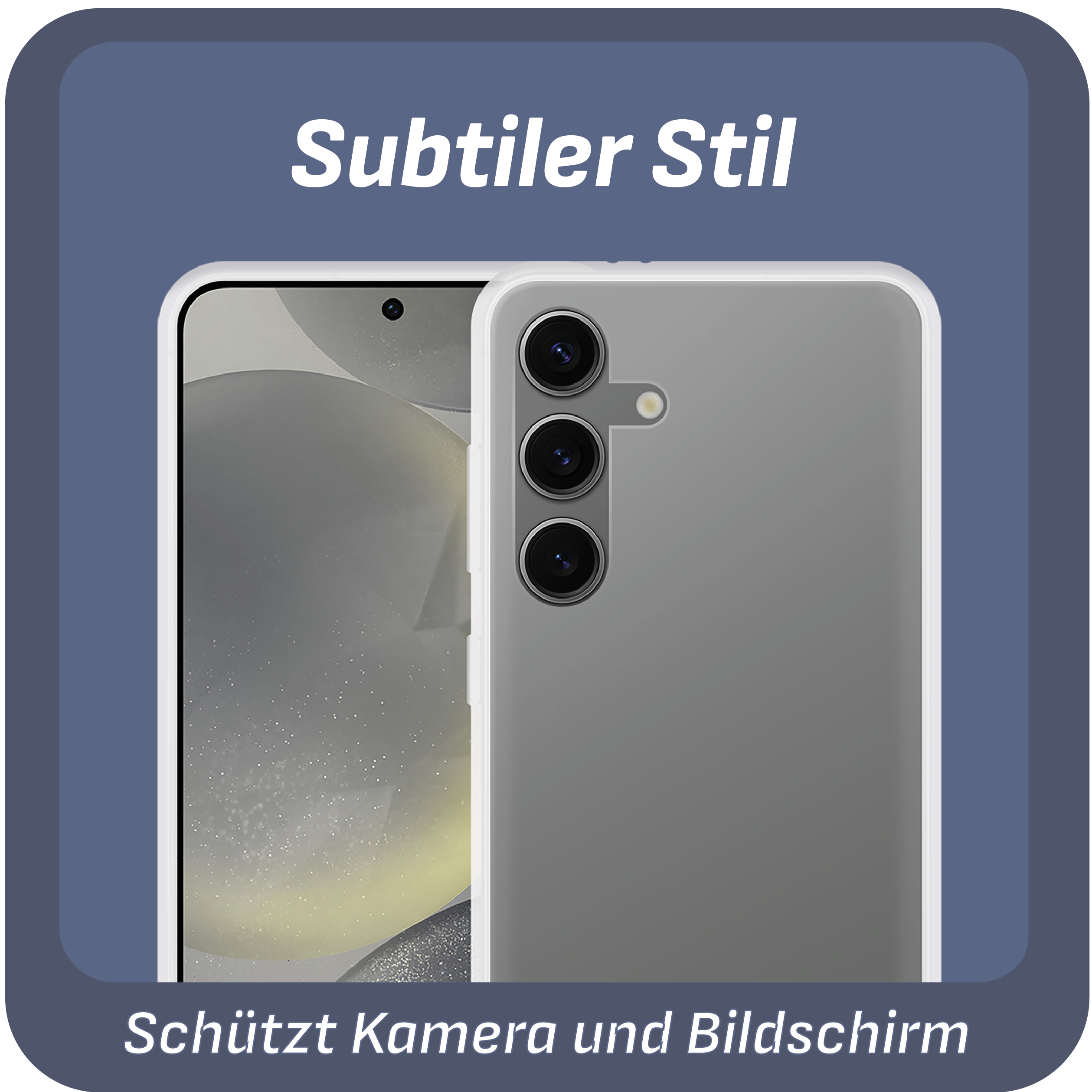 Ein Smartphone mit grauem Rücken und Dreifachkamera. Das Telefon befindet sich in einer Hülle mit Text.