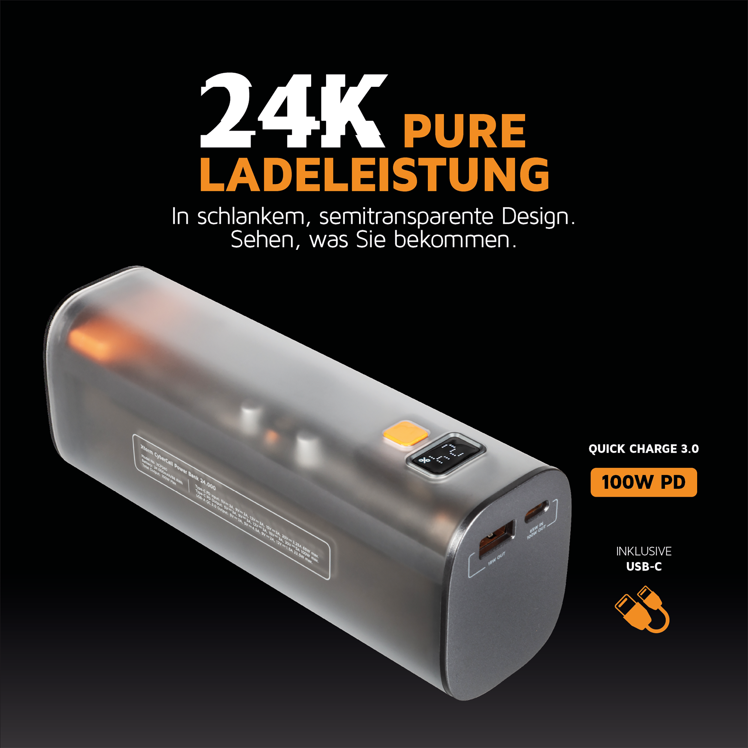 Eine Powerbank mit Bildschirm und zwei USB-Anschlüssen. Text: 24K reine Ladeleistung.