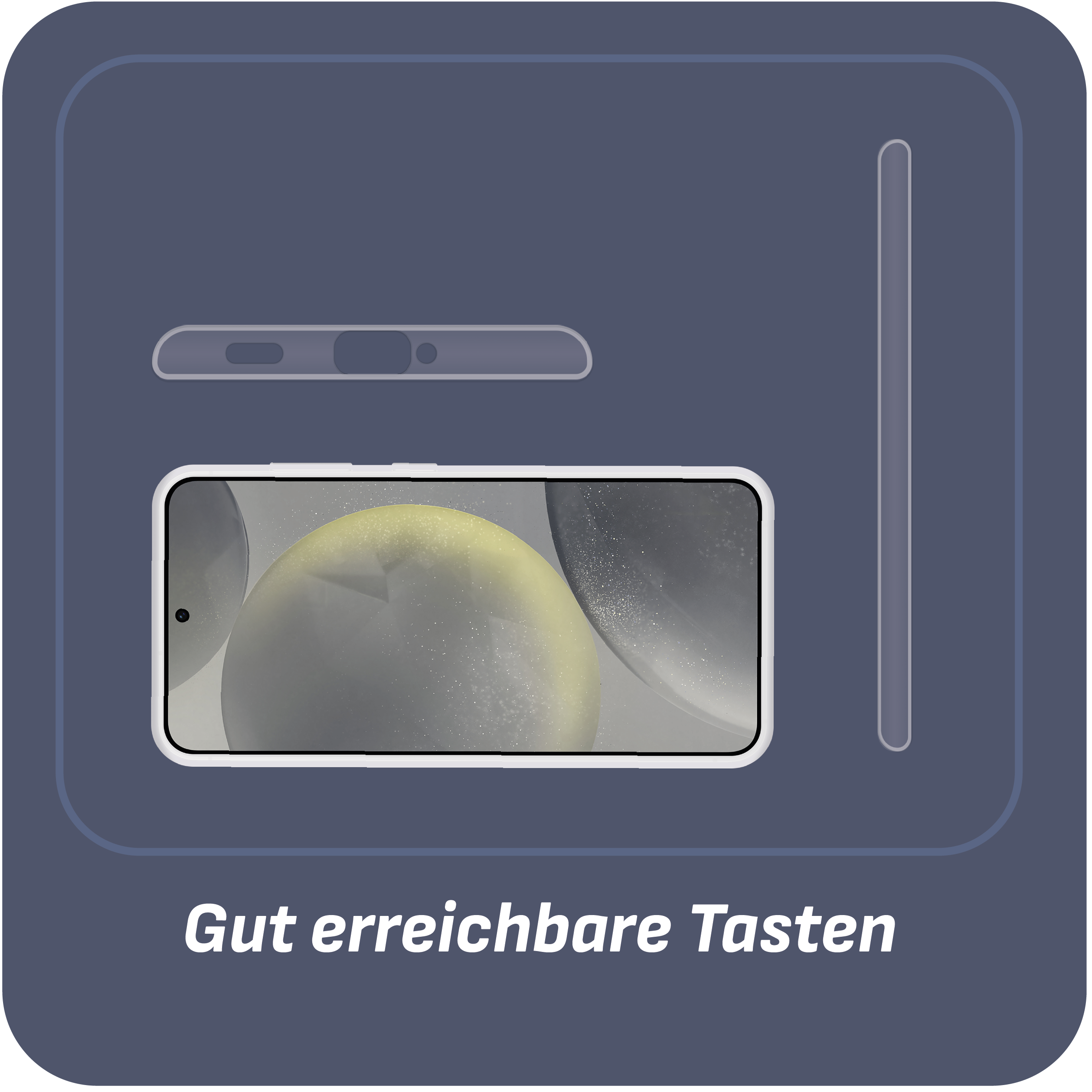Ein Telefon mit Bildschirm und Umrissen. Text: Gut erreichbare Tasten.