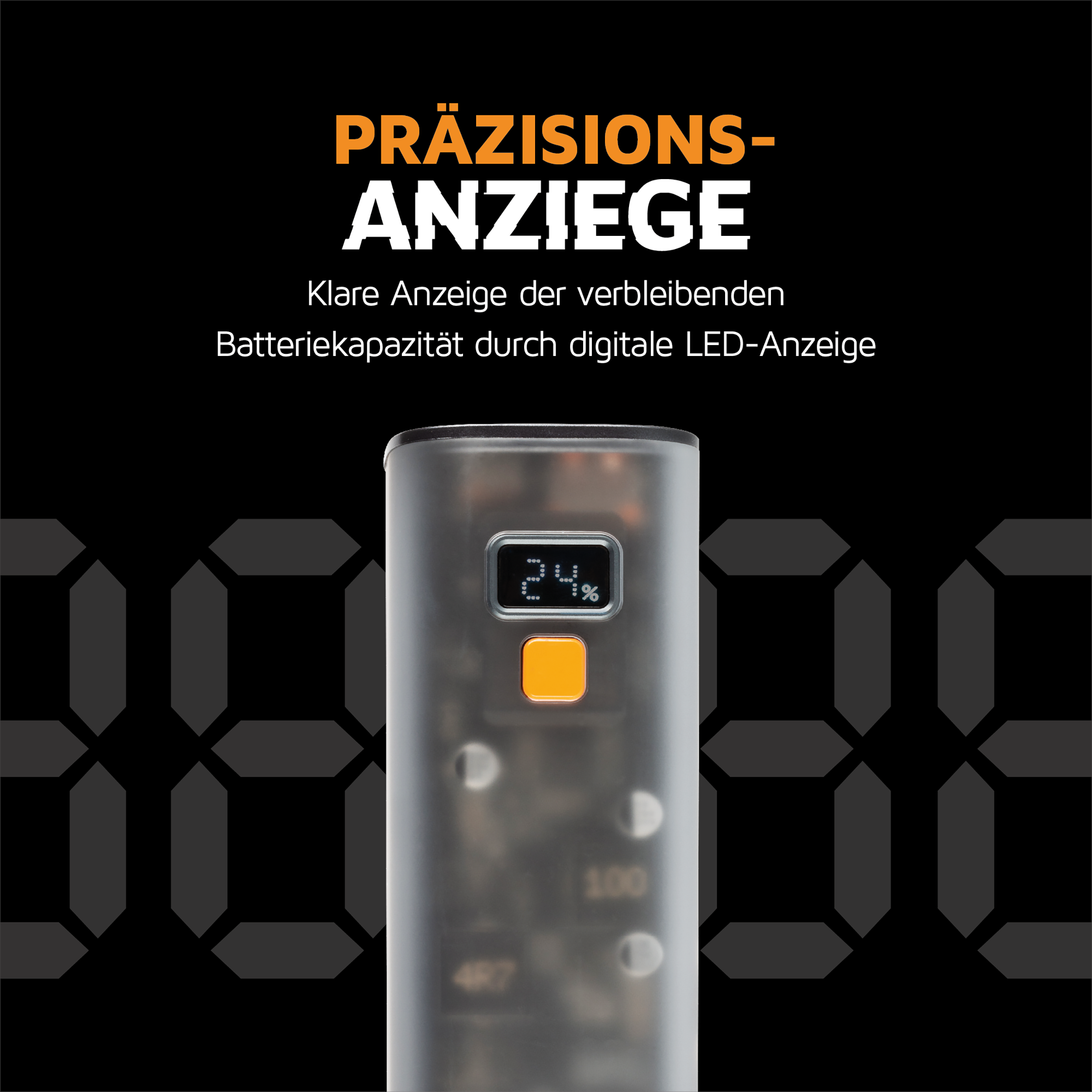 Schwarzer Hintergrund. Ein teilweise sichtbares Gerät zeigt eine digitale Anzeige mit einem Akkustand von 24%.