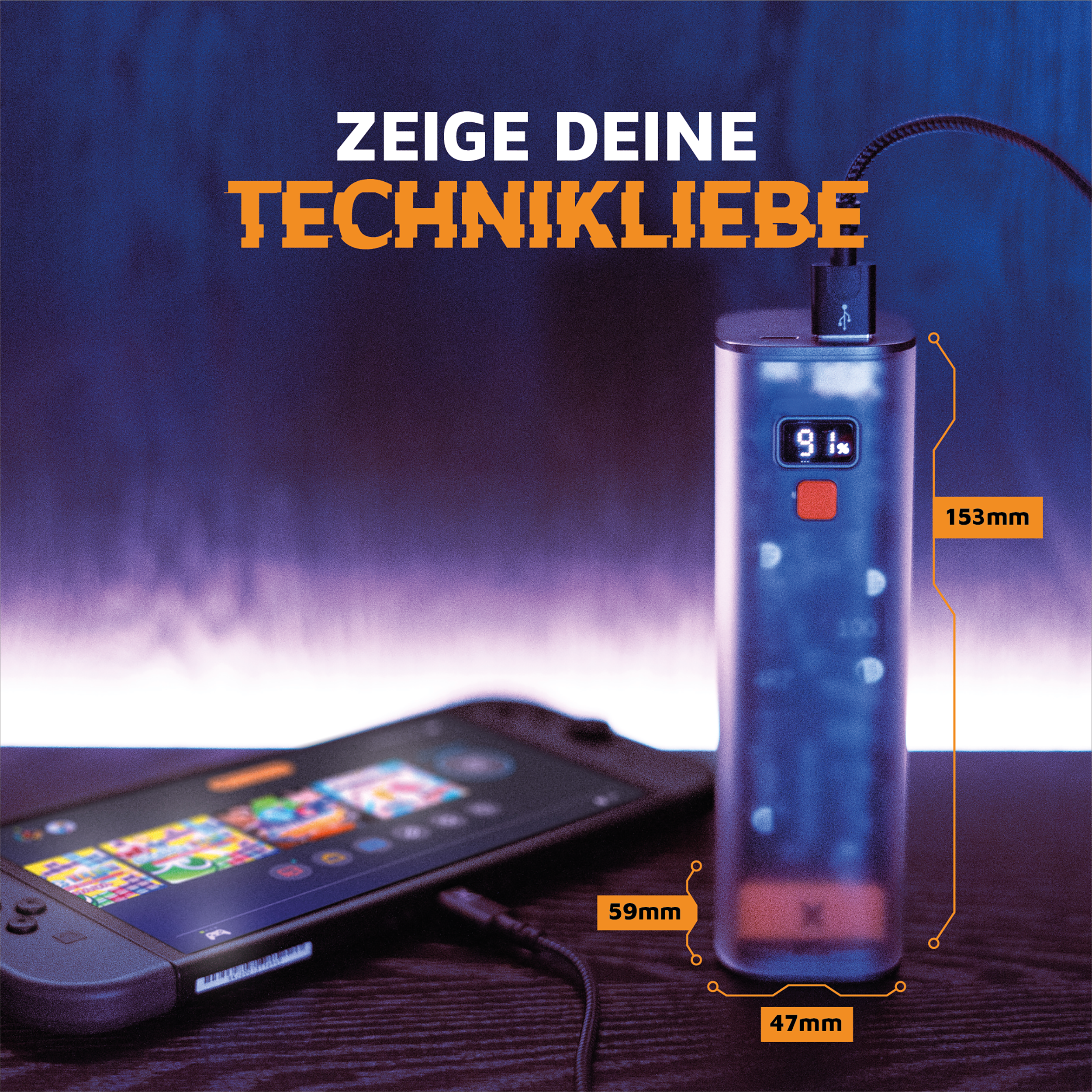 Powerbank lädt ein Telefon, mit Abmessungen und Text, der Tech-Liebe fördert.