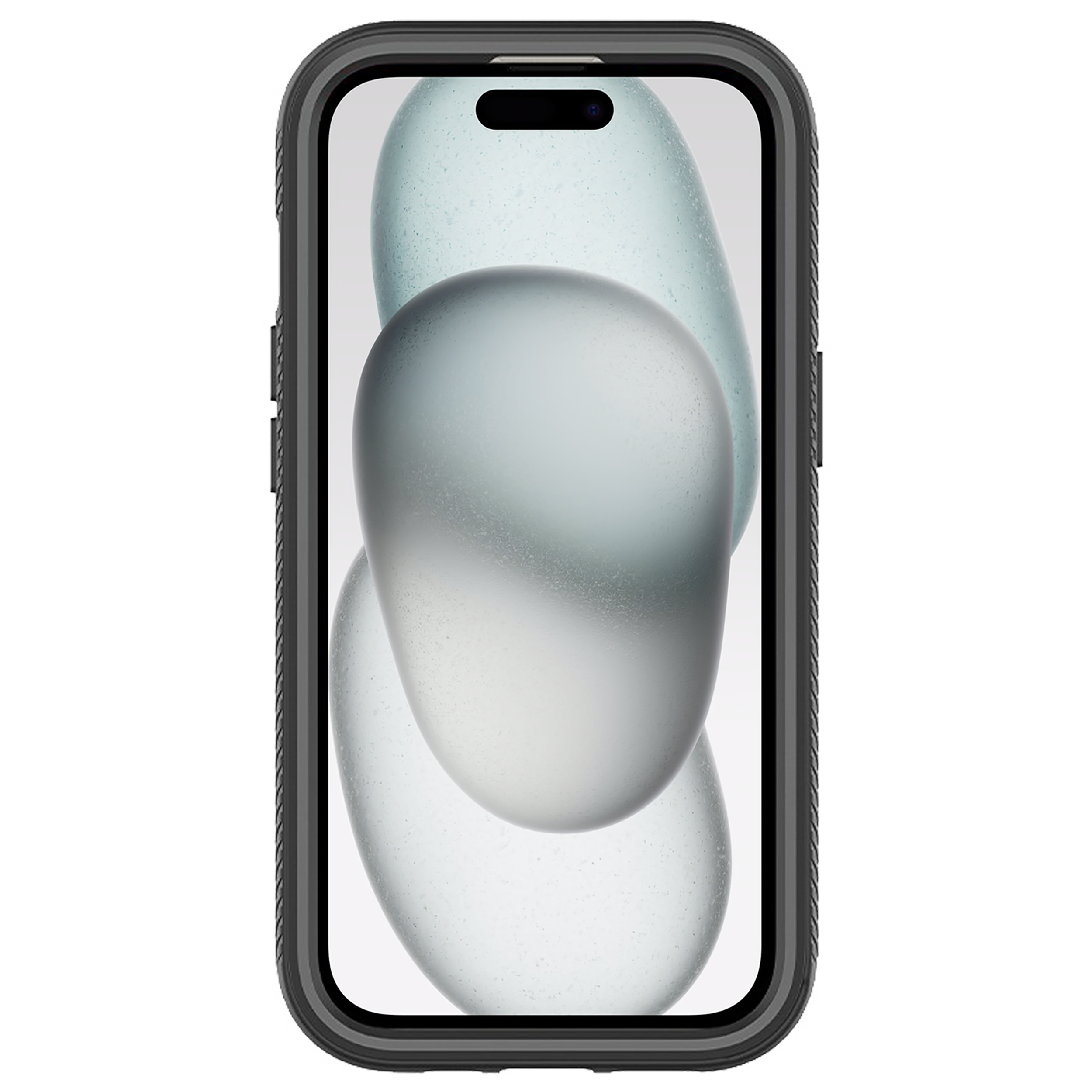 Schwarzes Telefon mit Hülle, abstrakte Formen auf dem Bildschirm, dunkler Hintergrund.