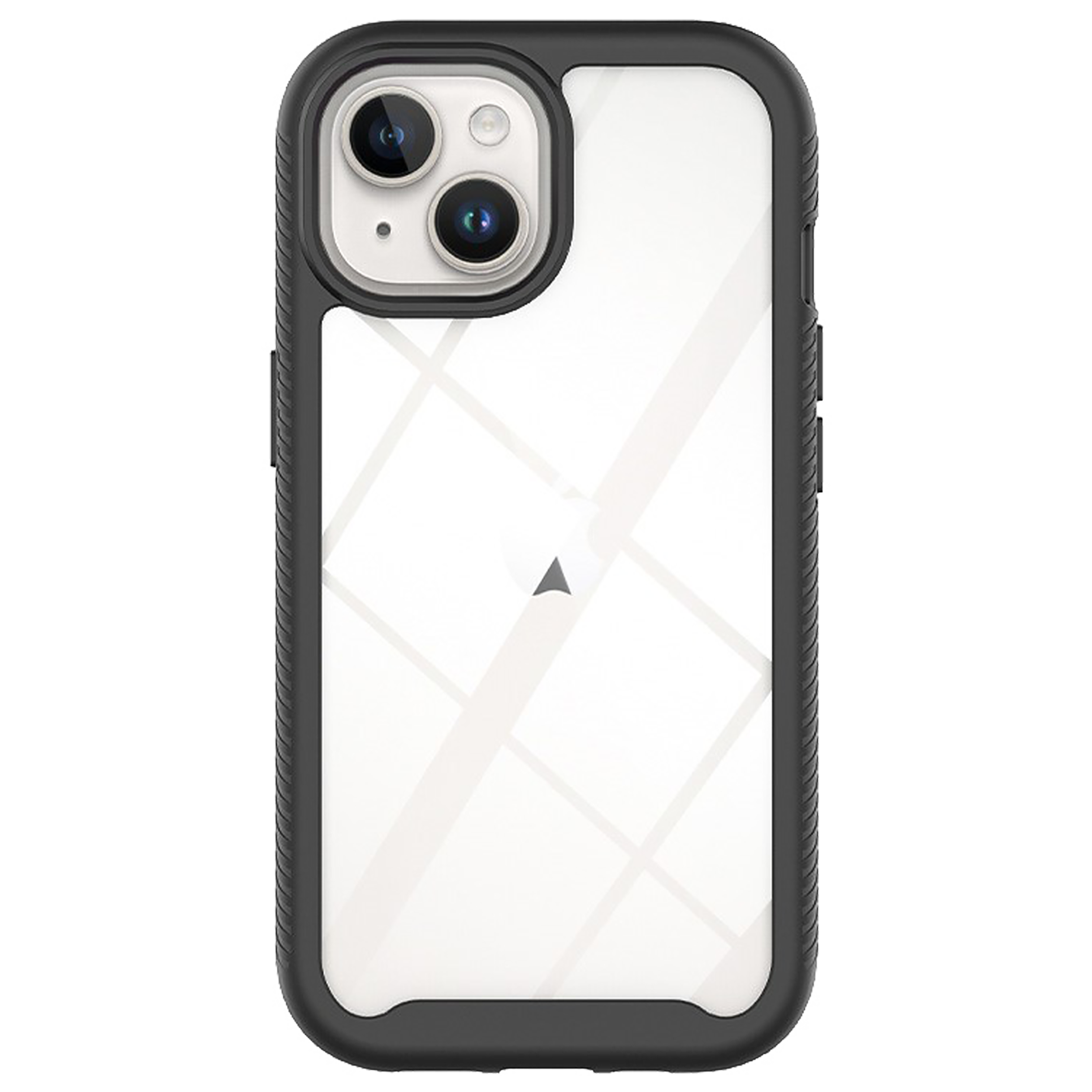 Transparente Handyhülle mit schwarzem Rand. Ein Telefon mit Dual-Kameras darin.