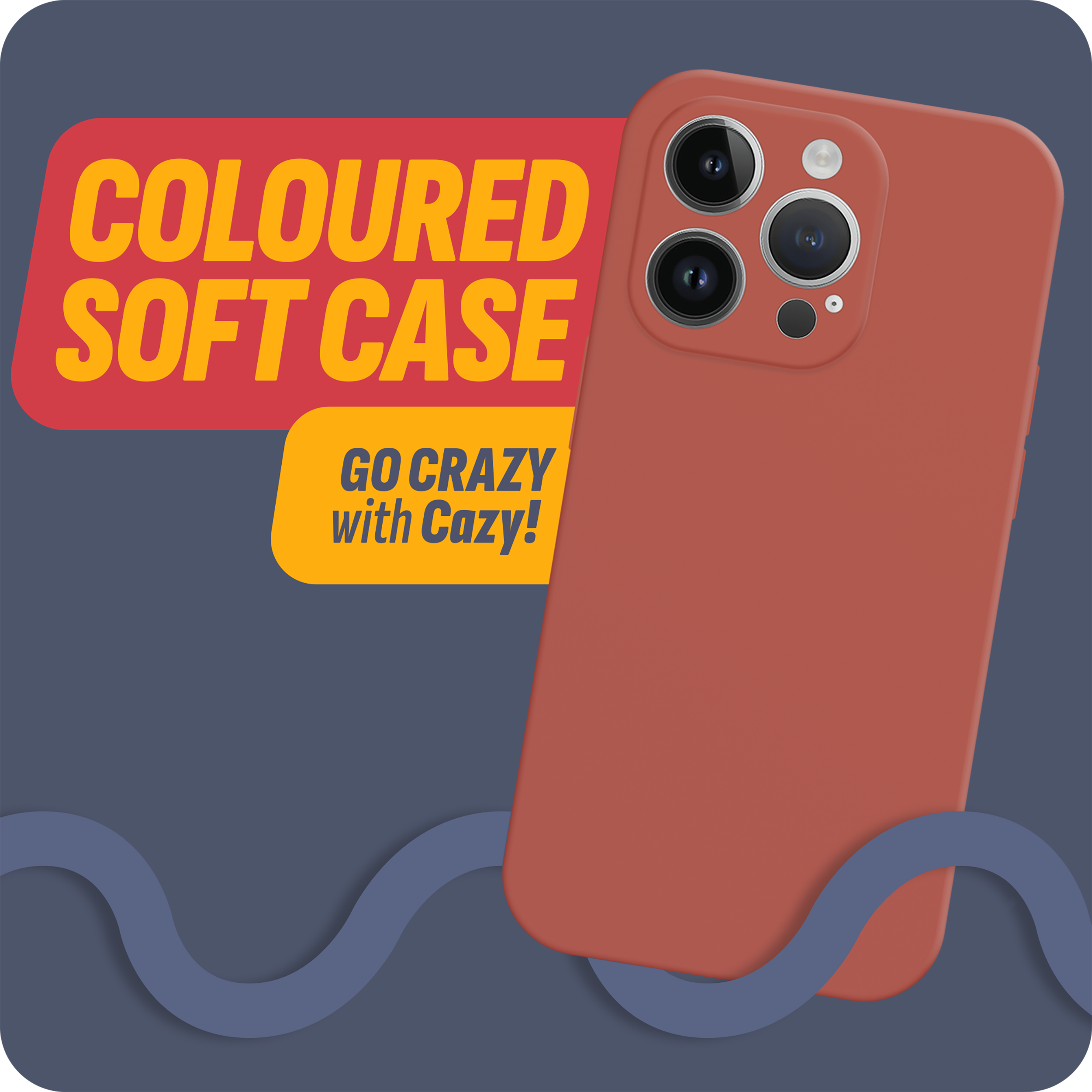 Orangene Handyhülle mit Telefon darin. Text: "COLOURED SOFT CASE" und "GO CRAZY with Cazy!".