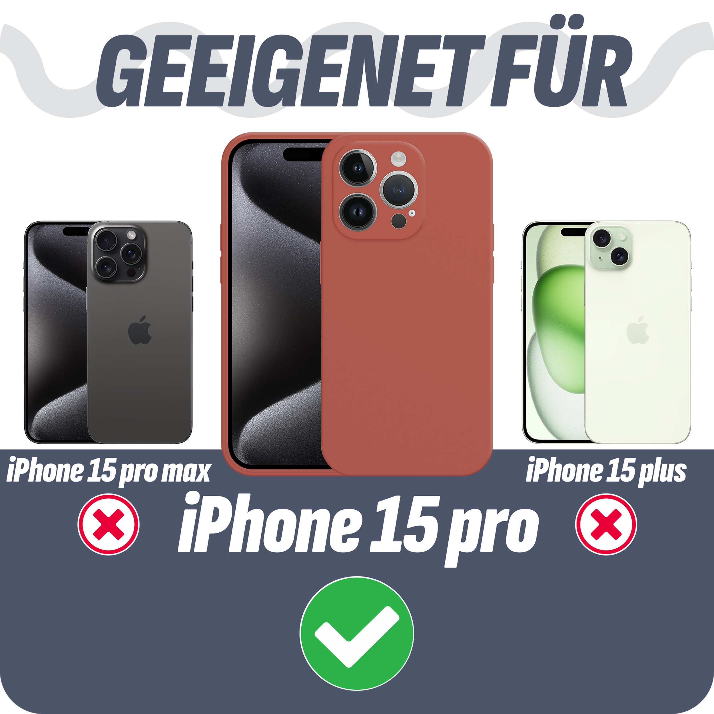 Drei Telefone und Handyhüllen, mit einem Häkchen auf dem passenden Modell.