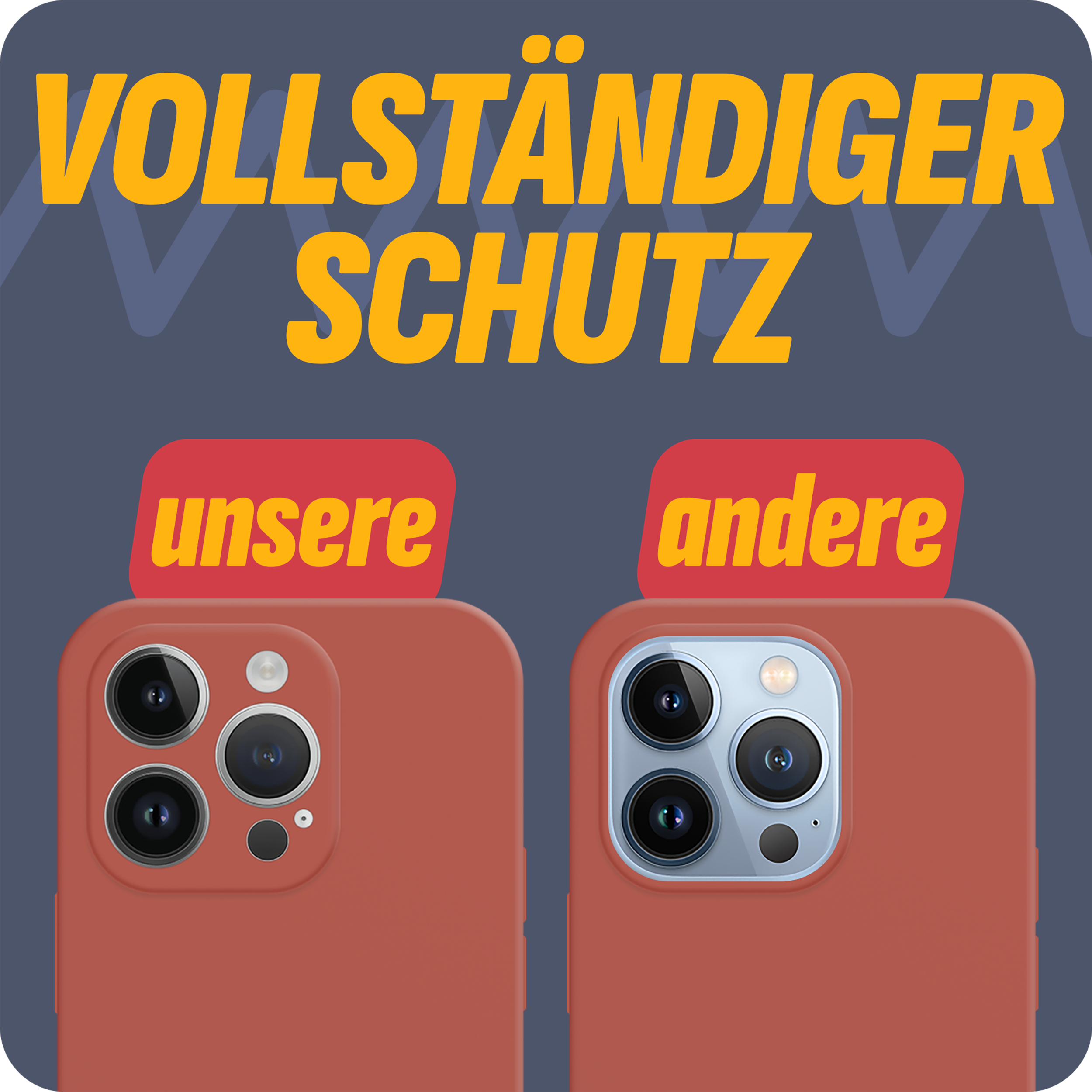 Zwei Handyhüllen, eine rot, eine andere, zeigen den Vergleich des Kameraschutzes.