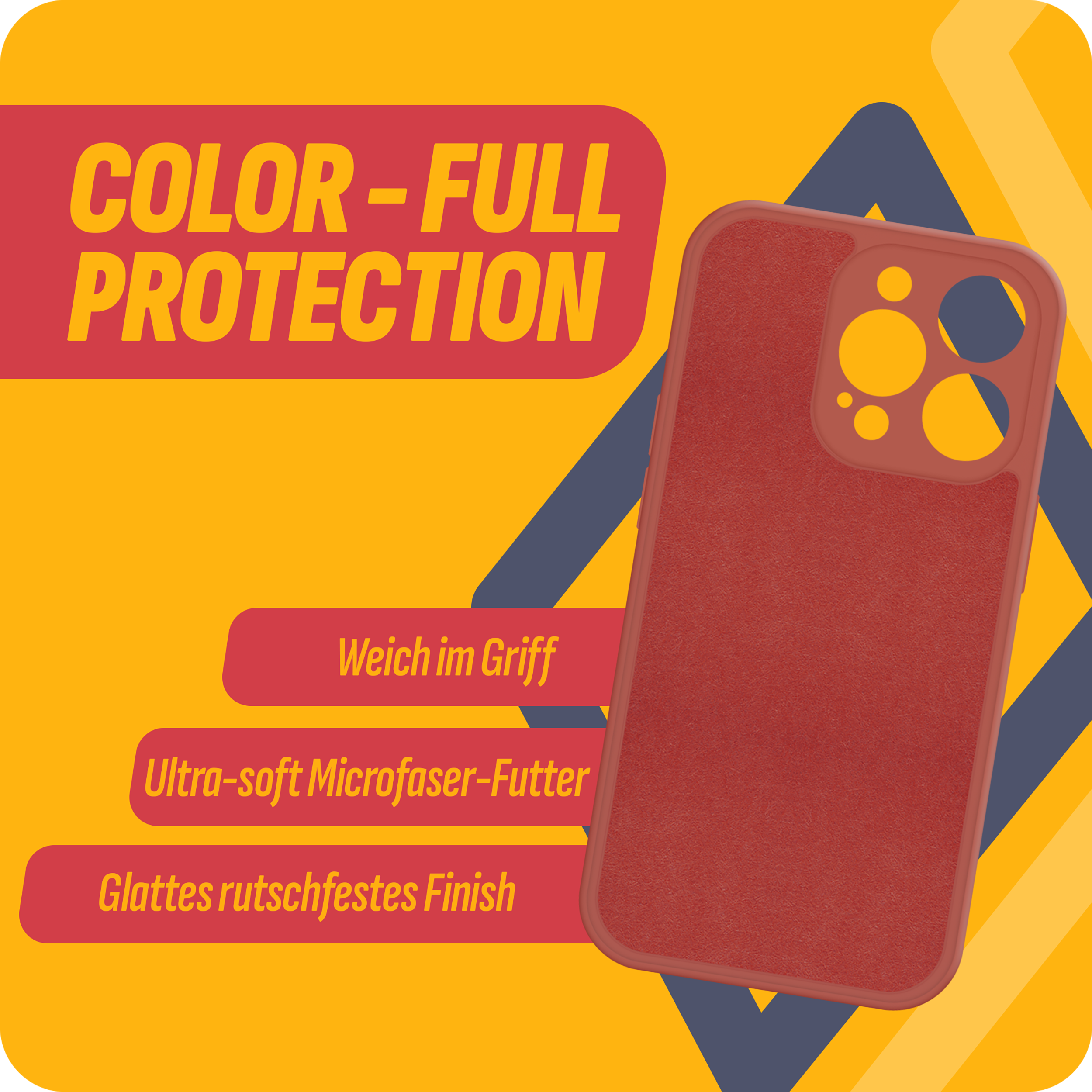 Eine rote Handyhülle mit dem Text 'COLOR-FULL PROTECTION' und Details: 'Weich im Griff', 'Ultra-soft Microfaser-Futter' und 'Glattes rutschfestes Finish'.