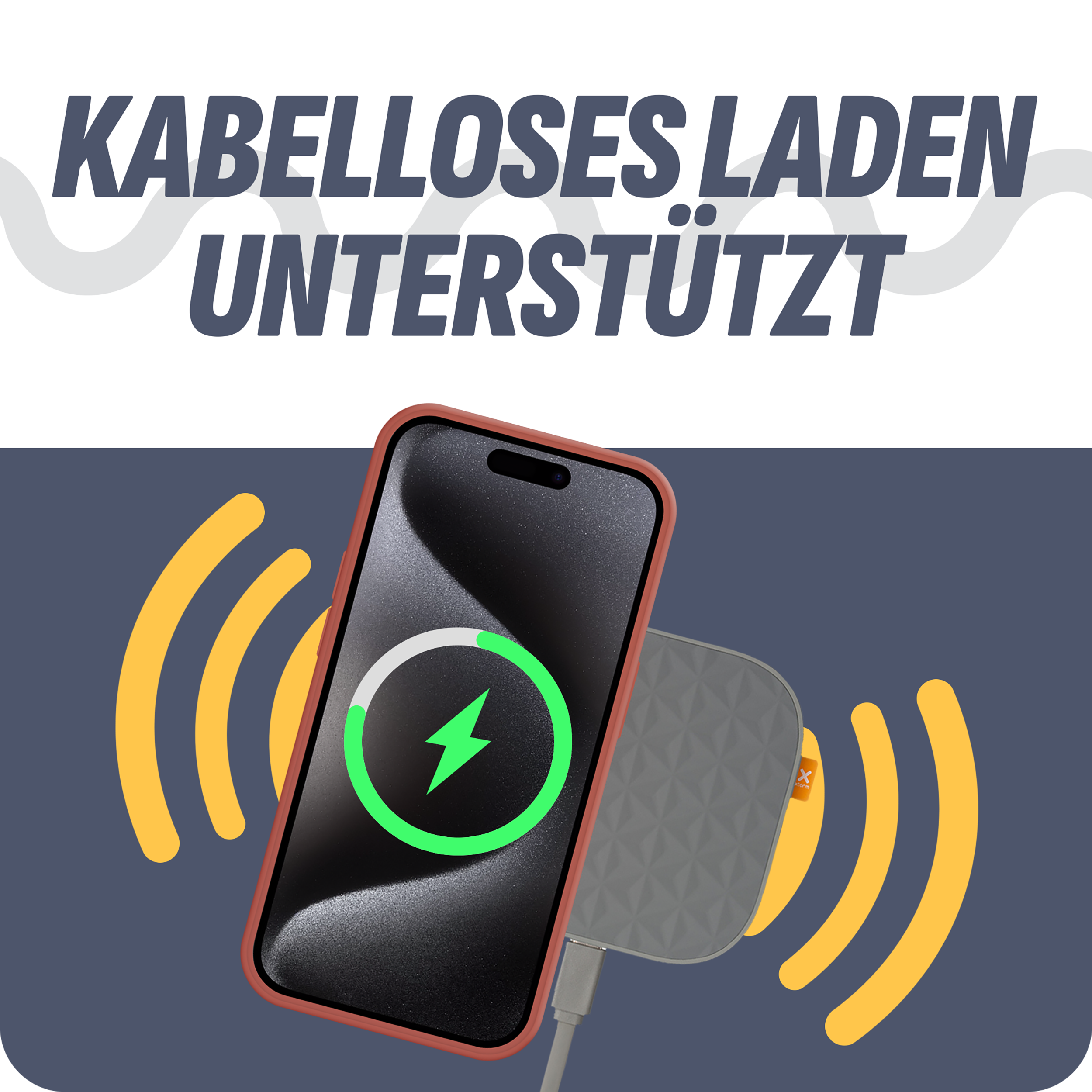 Smartphone lädt kabellos auf einem Pad, grünes Blitzsymbol.