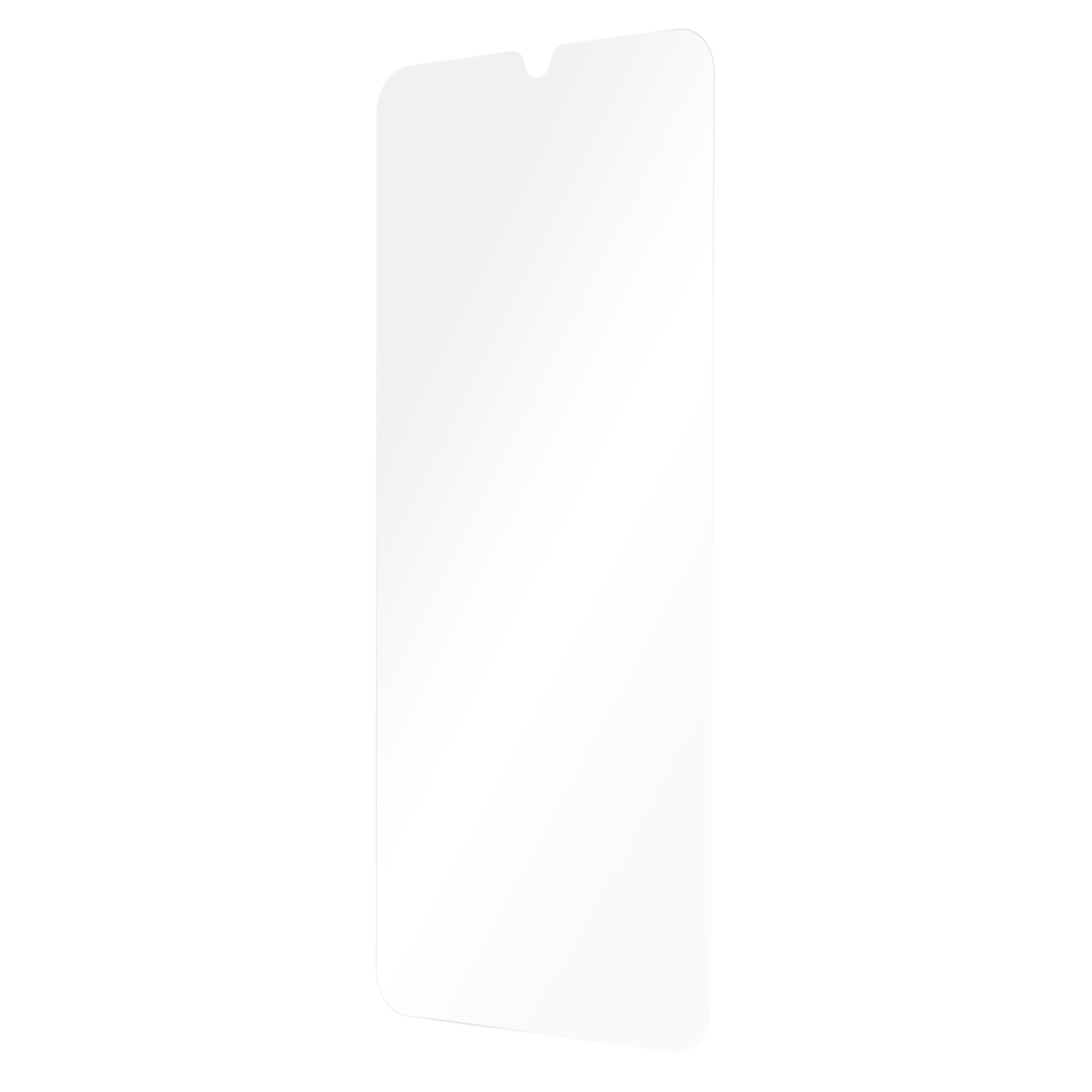Eine klare Displayschutzfolie für ein Telefon, abgewinkelt, auf schwarzem Hintergrund.