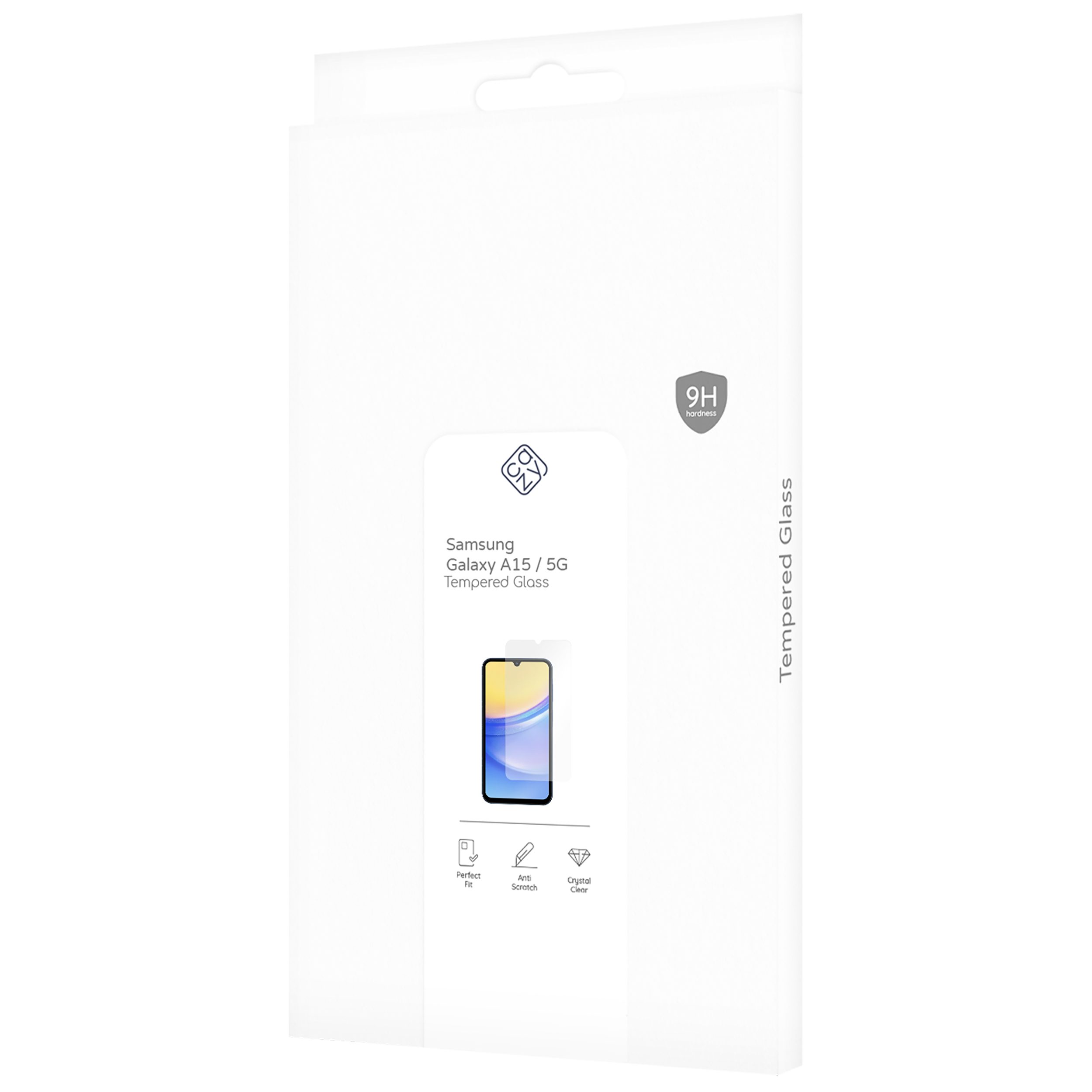 Weiße Schachtel mit Panzerglas für Samsung Galaxy A15/5G, mit einem Telefonbild.