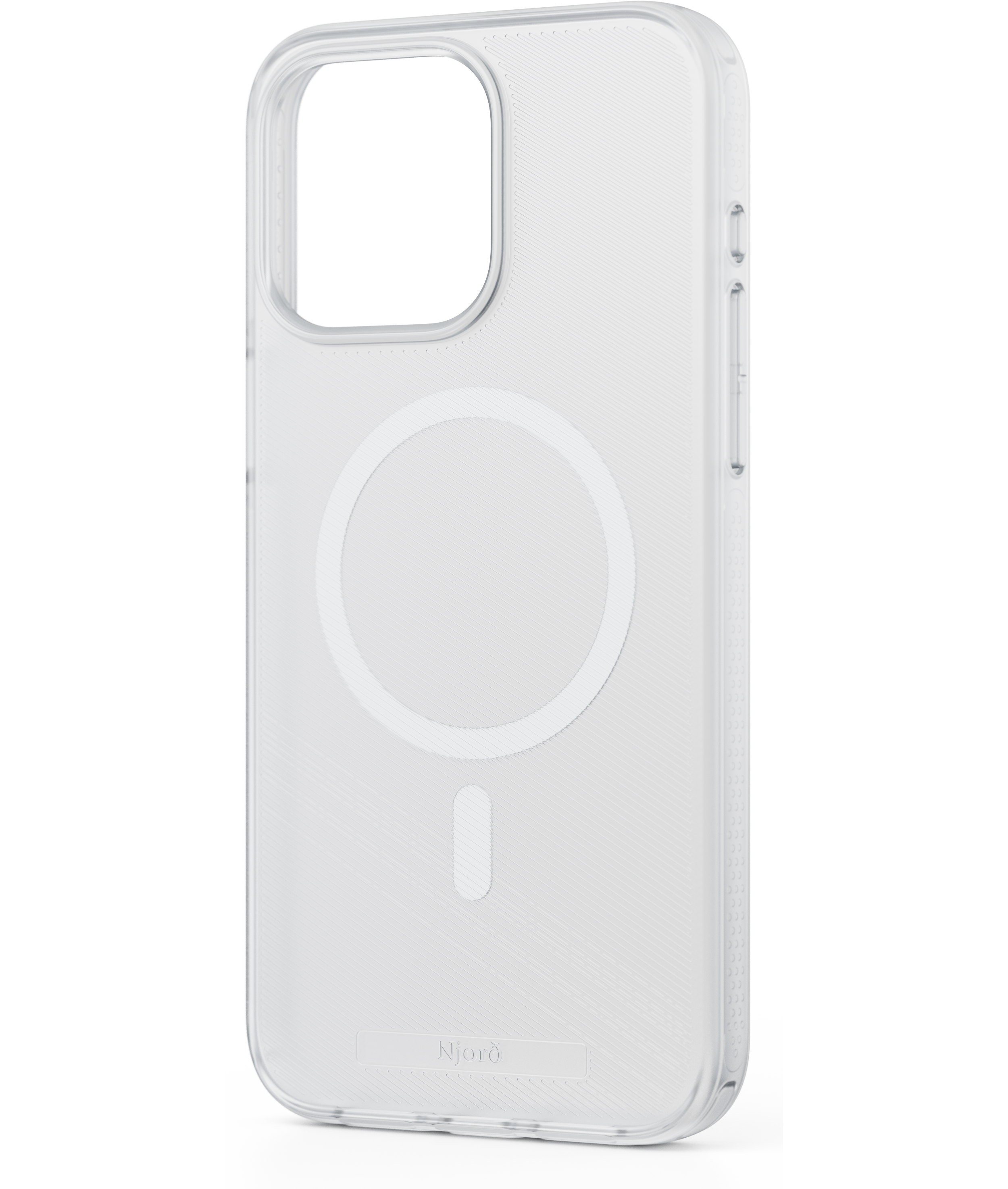 Custodia trasparente con cerchio MagSafe bianco e rettangolo inferiore bianco.