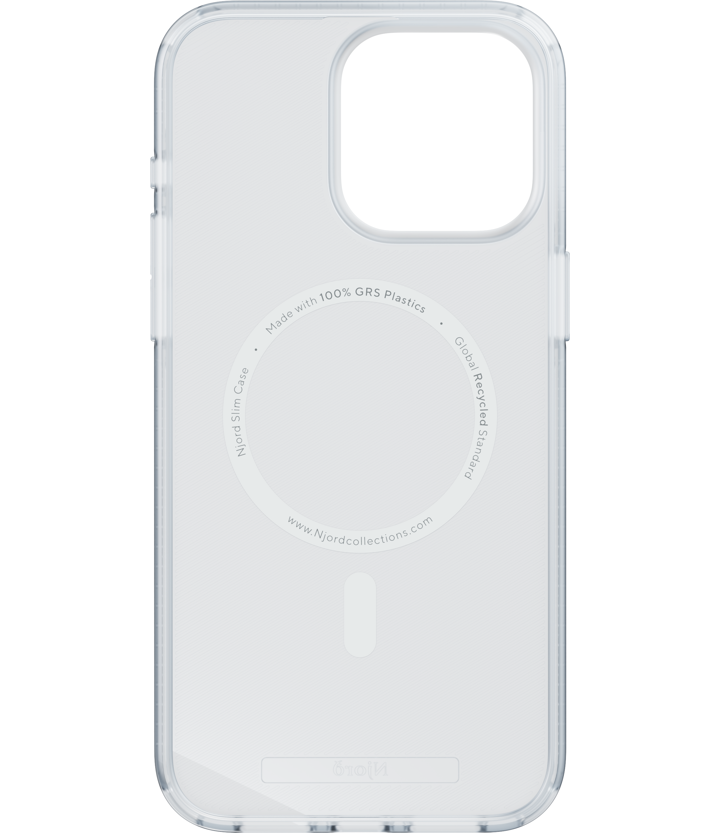 Custodia trasparente per telefono, con cerchio bianco e testo 'Made with 100% GRS Plastics', isolata su sfondo nero.