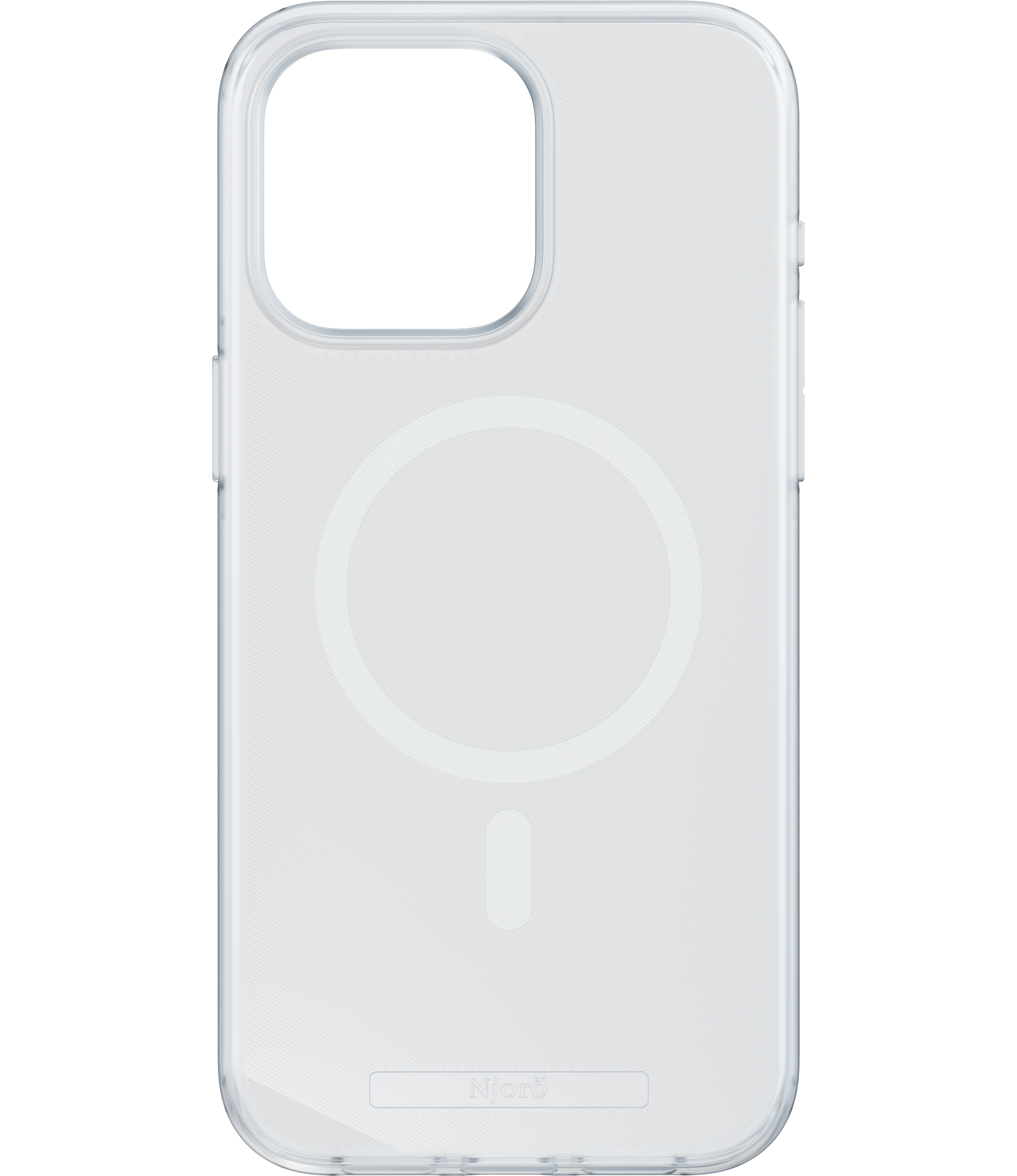 Custodia trasparente per telefono, con design circolare e linea incisa.