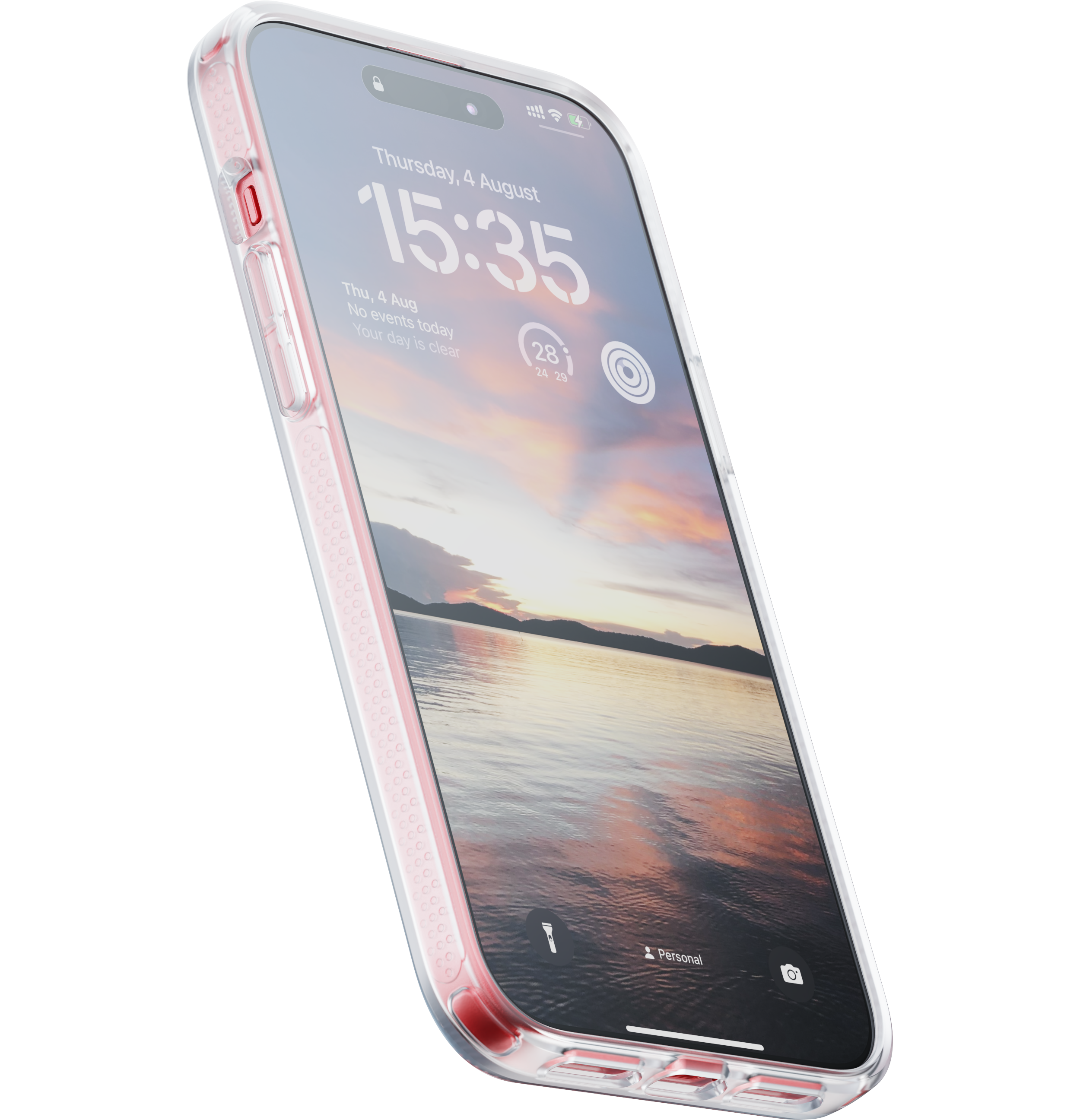 Un iPhone in una custodia rosa, con retro trasparente, che mostra lo schermo.