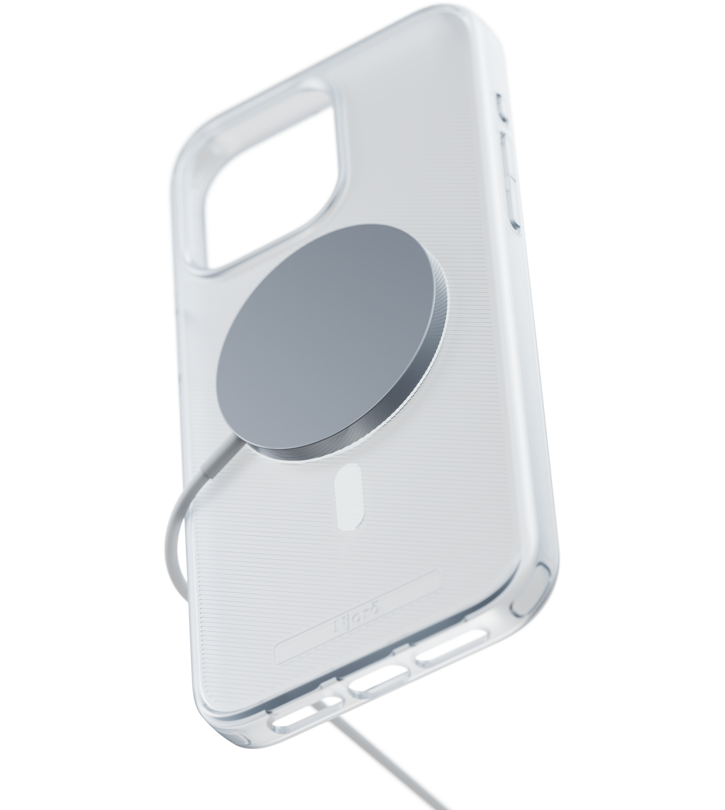 Una custodia trasparente per telefono con un attacco magnetico circolare grigio e cavo.