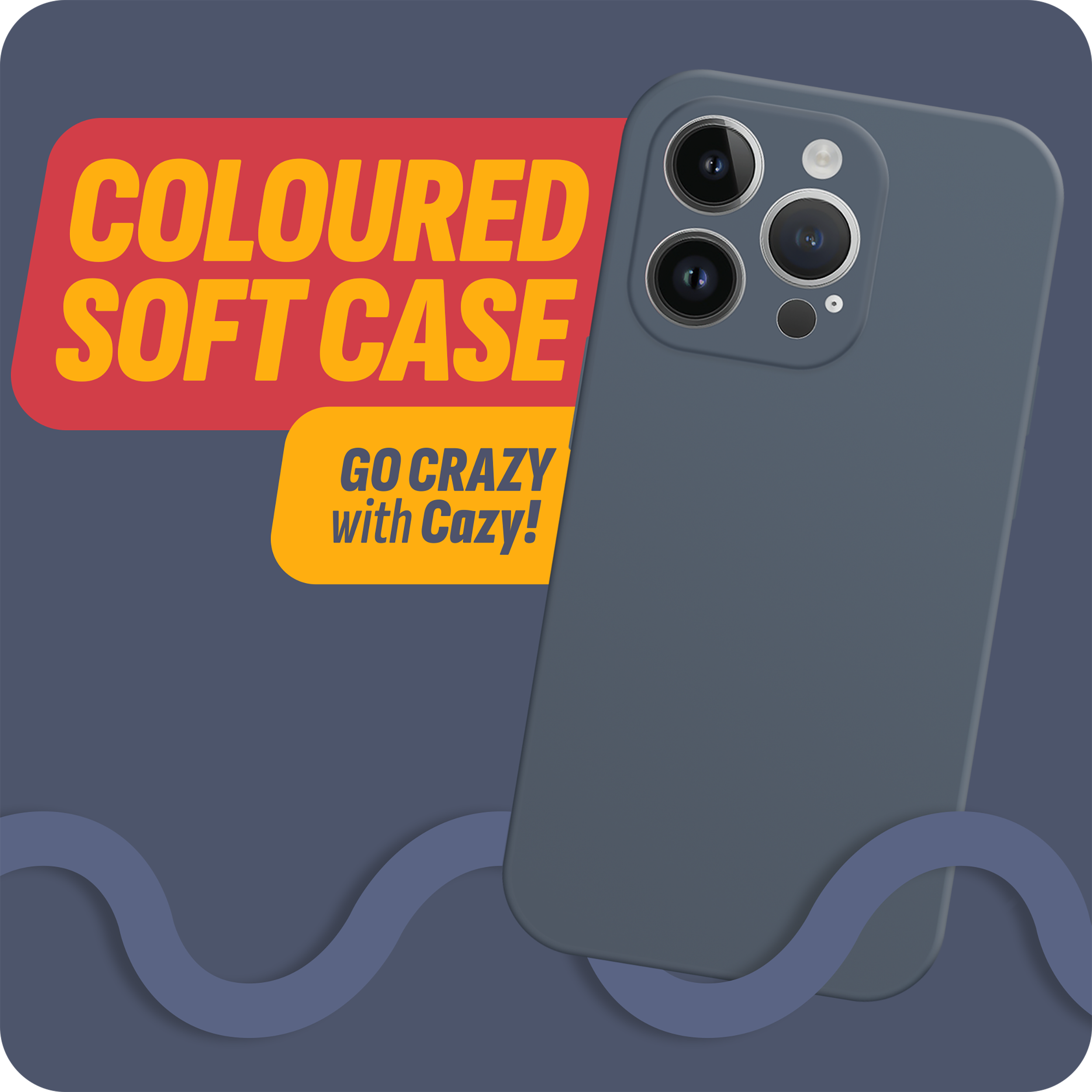 Blaue Handyhülle mit Text: COLOURED SOFT CASE und Go Crazy with Cazy! auf dunklem Hintergrund.