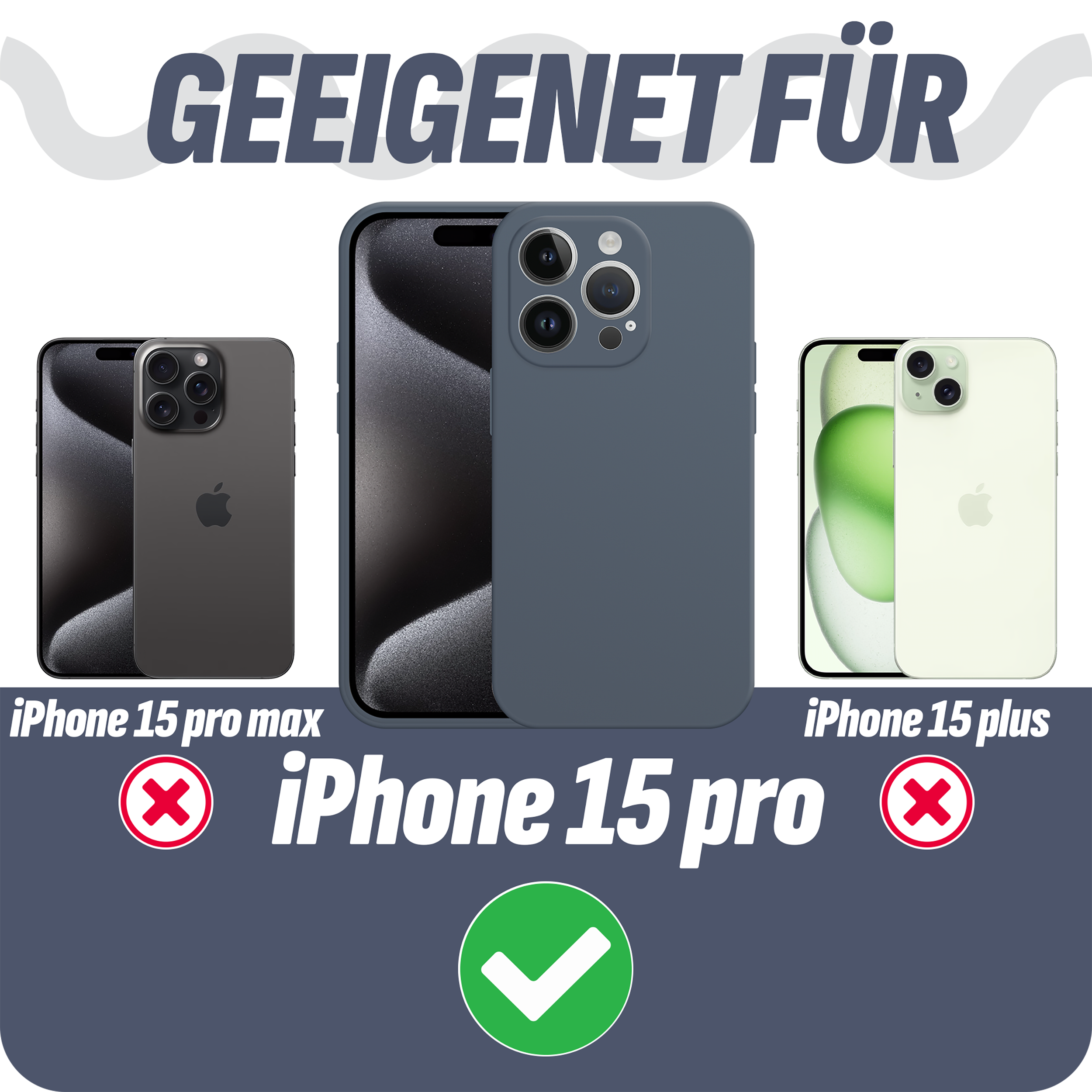 Das Bild zeigt iPhone 15 Pro Max, Pro und Plus Telefone mit einer Hülle auf dem Pro-Modell. Text zeigt Kompatibilität.