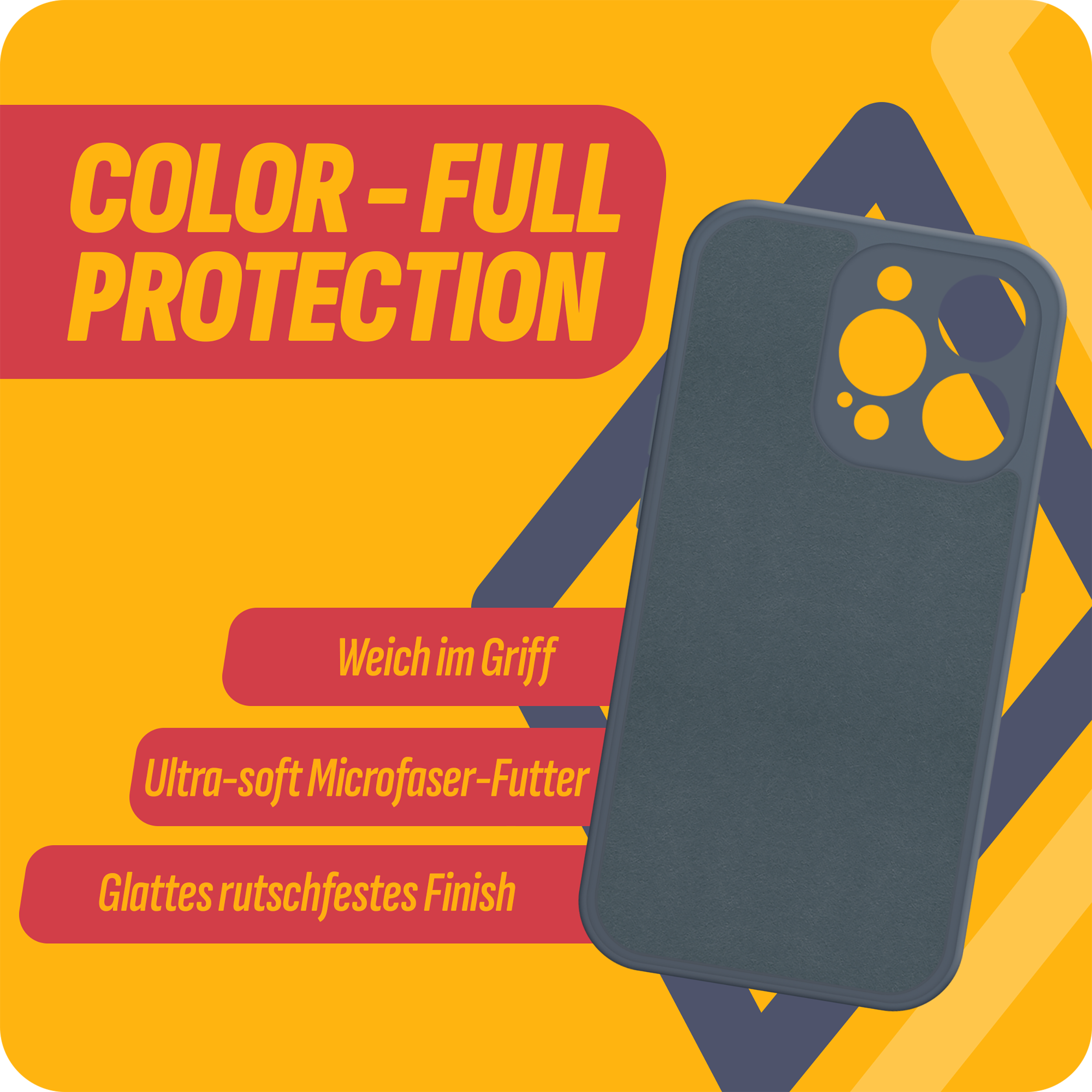 Blaue Handyhülle. Text auf dem Bild lautet 'Color - Full Protection' und Merkmale.