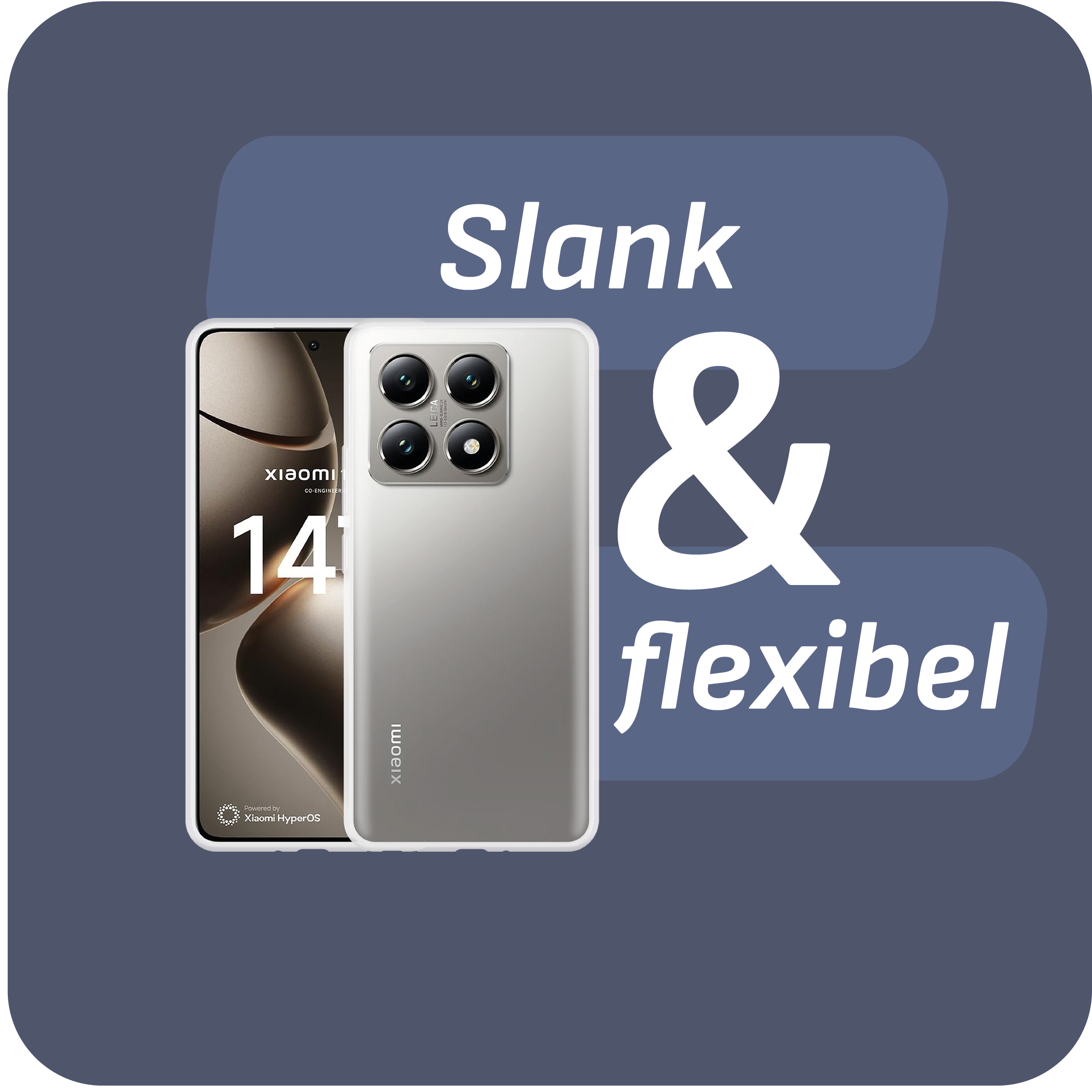 Ein Telefon und eine Hülle auf blauem Hintergrund mit Text: "Schlank & flexibel". Telefon zeigt Bildschirm und Rückseite.