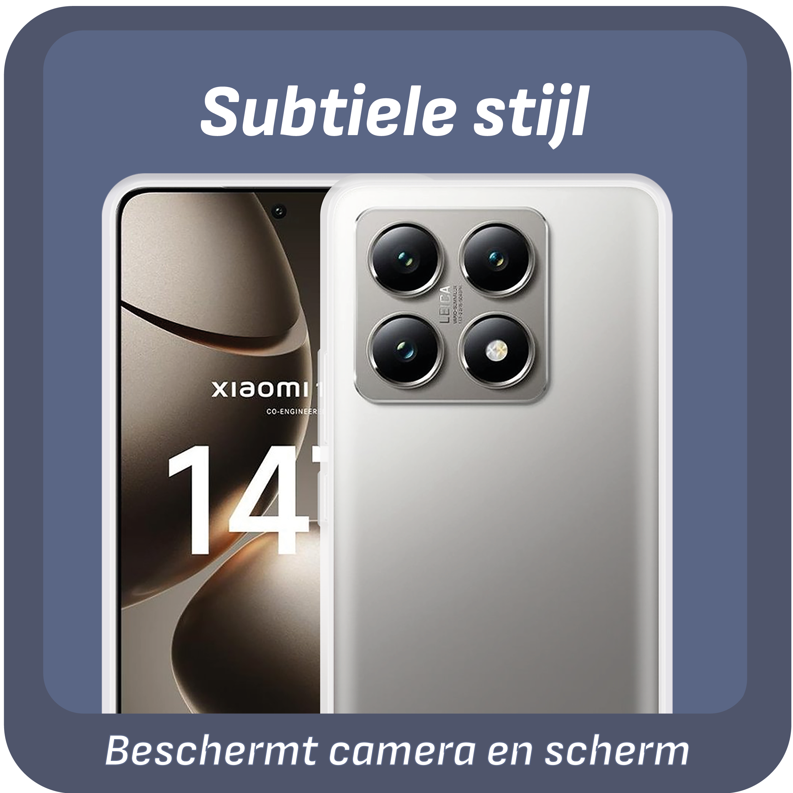 Silbernes Smartphone mit schwarzen Kameralinsen. Text: 'Beschernt Kamera und Bildschirm'. Weißer Hintergrund.