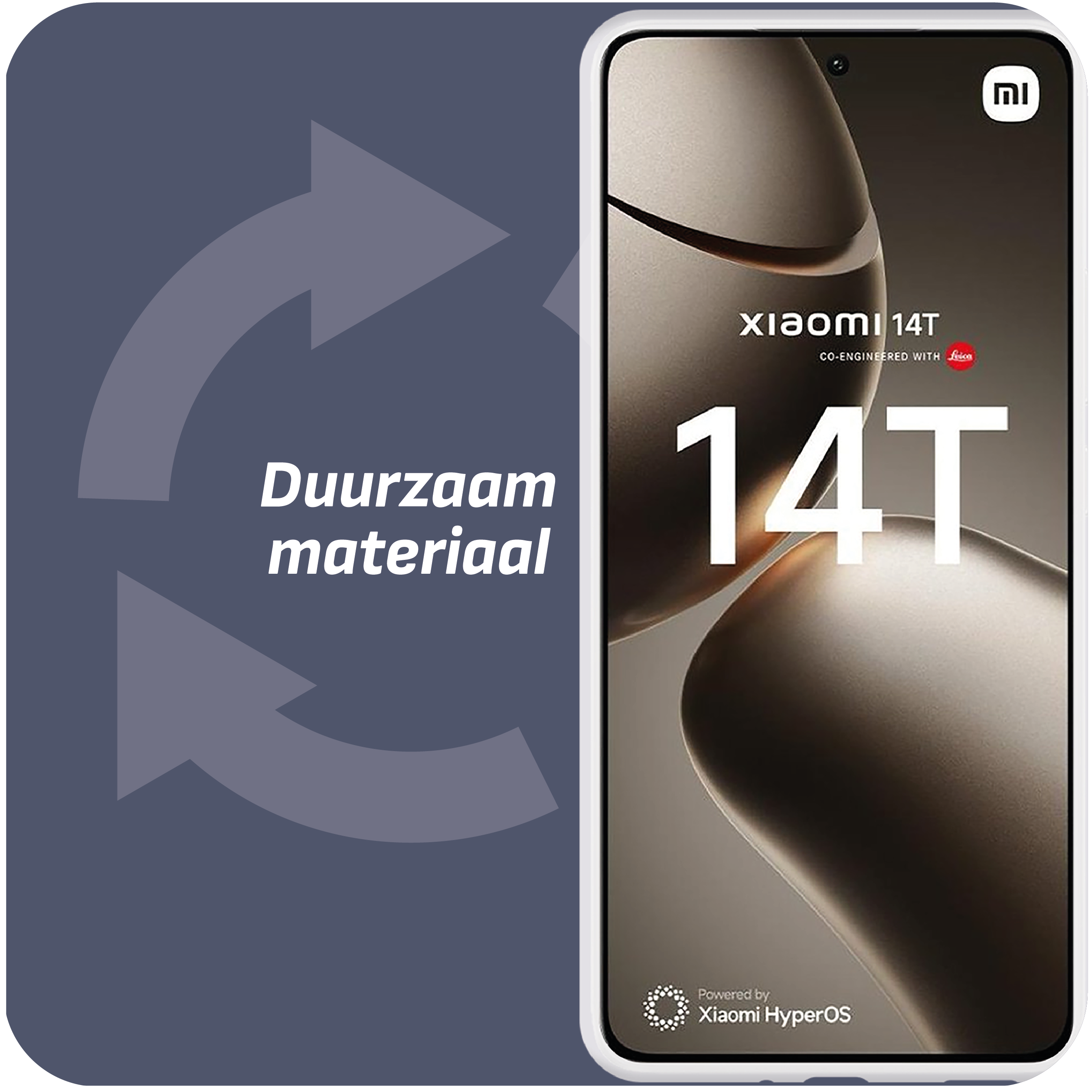 Weißes Telefon mit Text 'Xiaomi 14T' und Recycling-Pfeilen. Das Telefon steht auf einem Ständer.