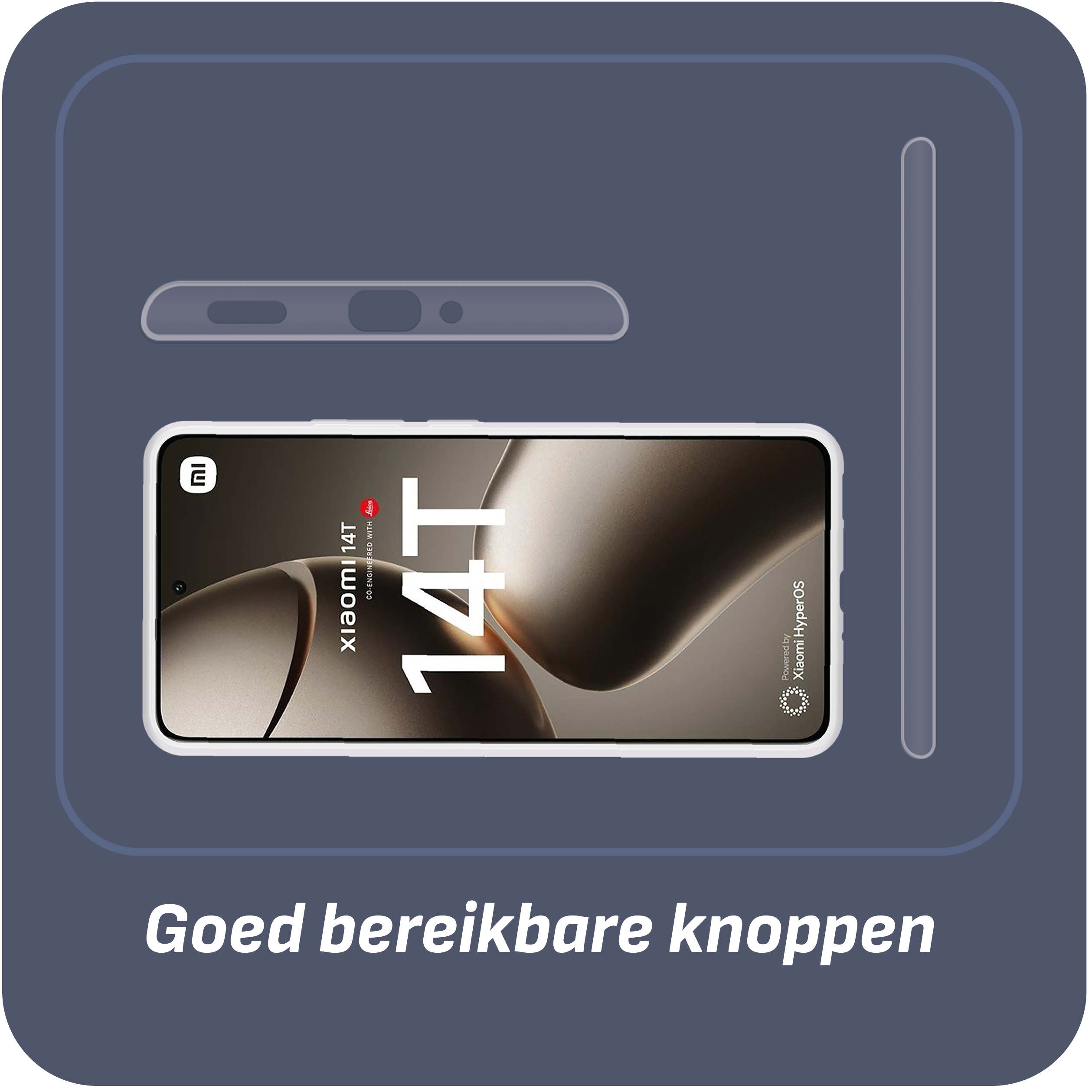 Smartphone mit weißem Rahmen, zeigt Bildschirm und Seitentasten, Text 'Xiaomi 14T' auf Tisch.
