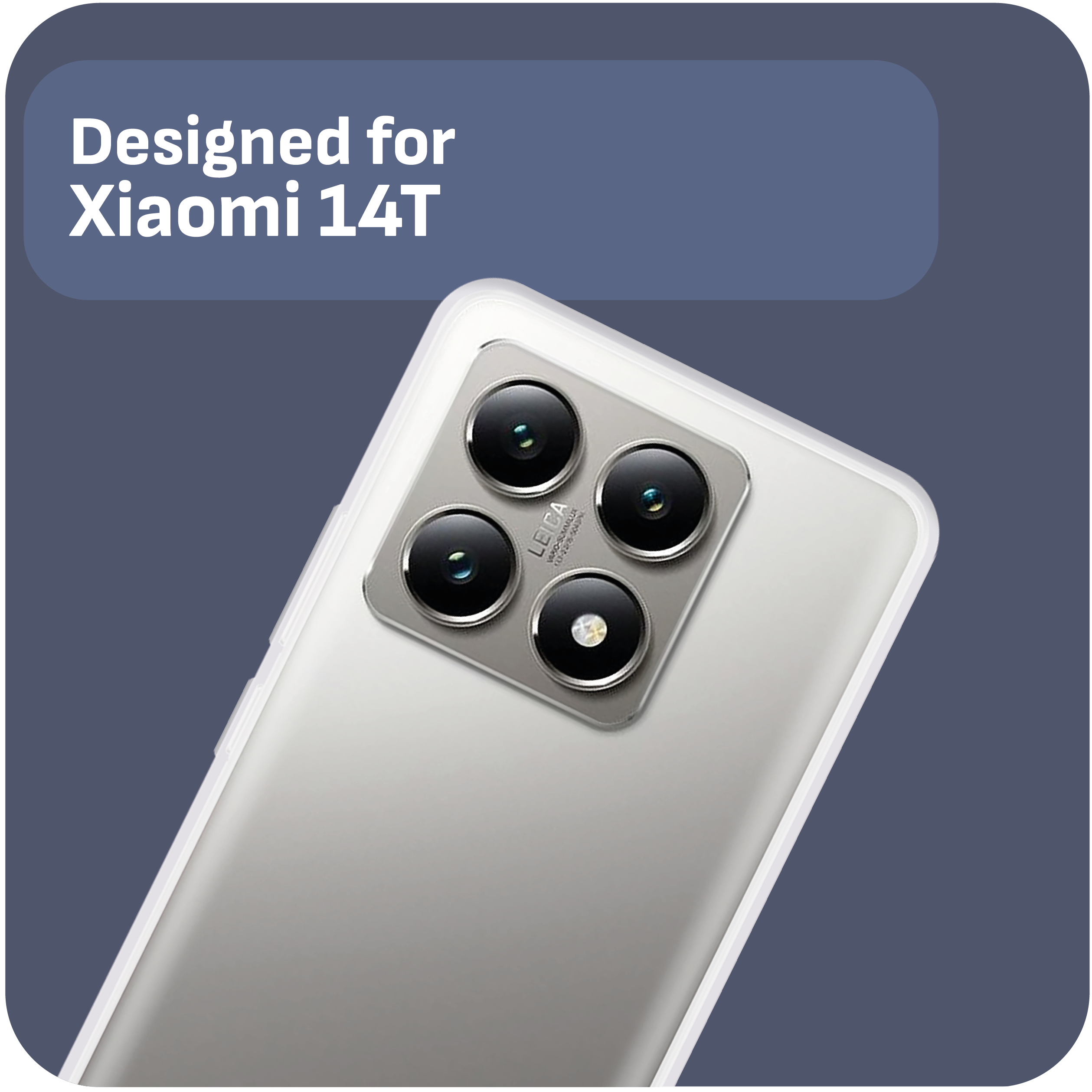 Silbernes Telefon mit mehreren Kameras, Text 'Designed for Xiaomi 14T' auf blauem Hintergrund.