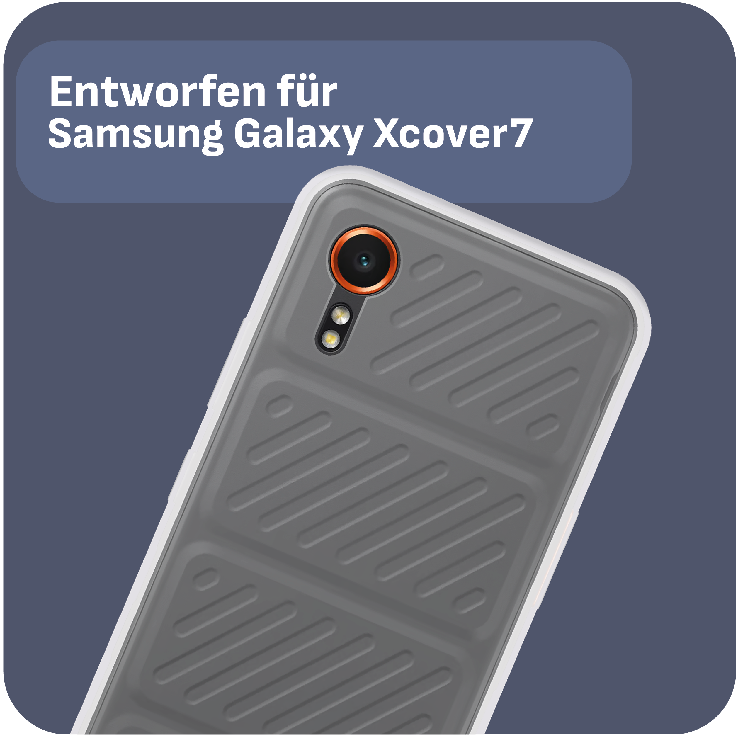 Handyhülle für Samsung Galaxy Xcover7. Graue, strukturierte Rückseite mit orangefarbenem Kameradetail.