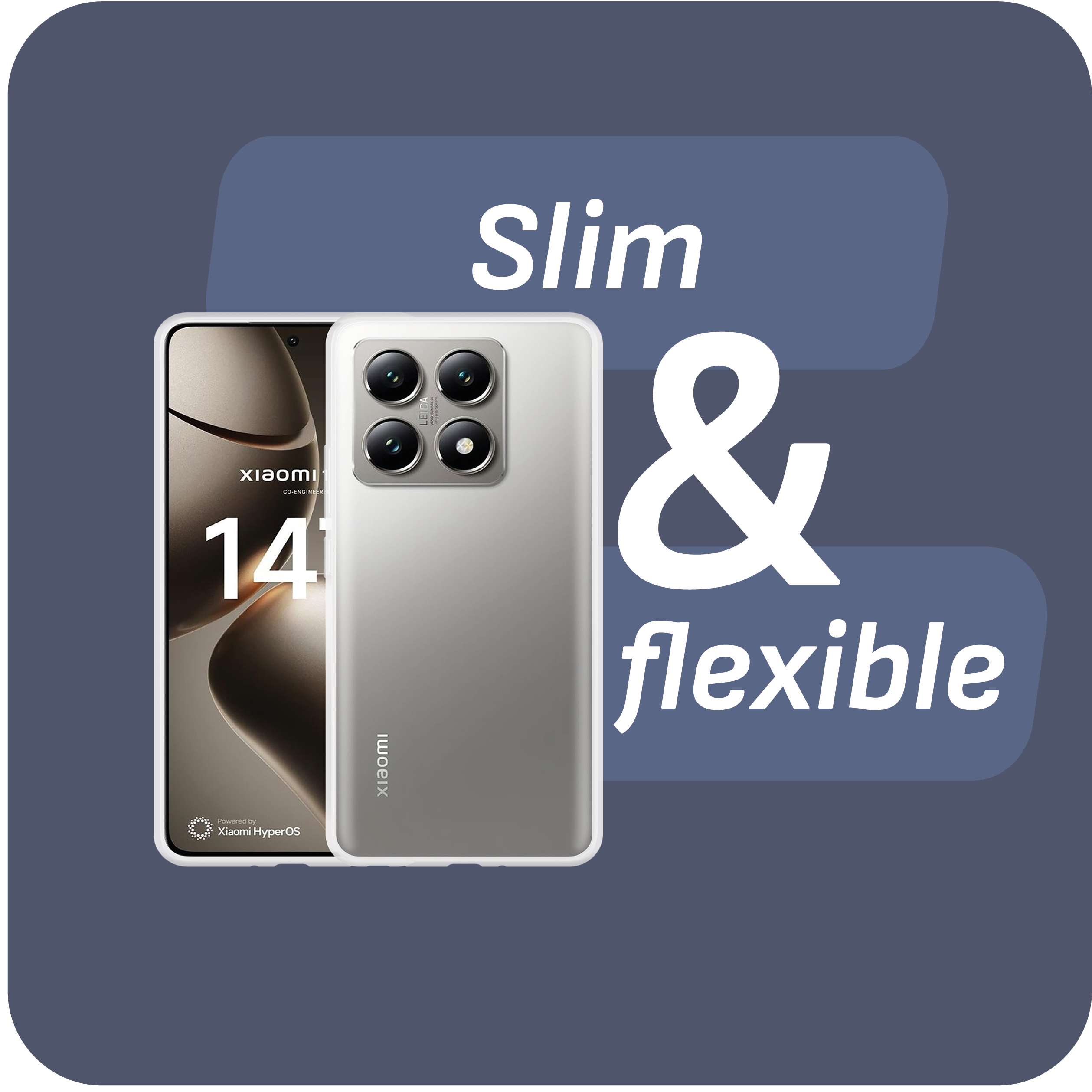 Silbernes Smartphone und Text: Schlank & flexibel. Blauer Hintergrund.