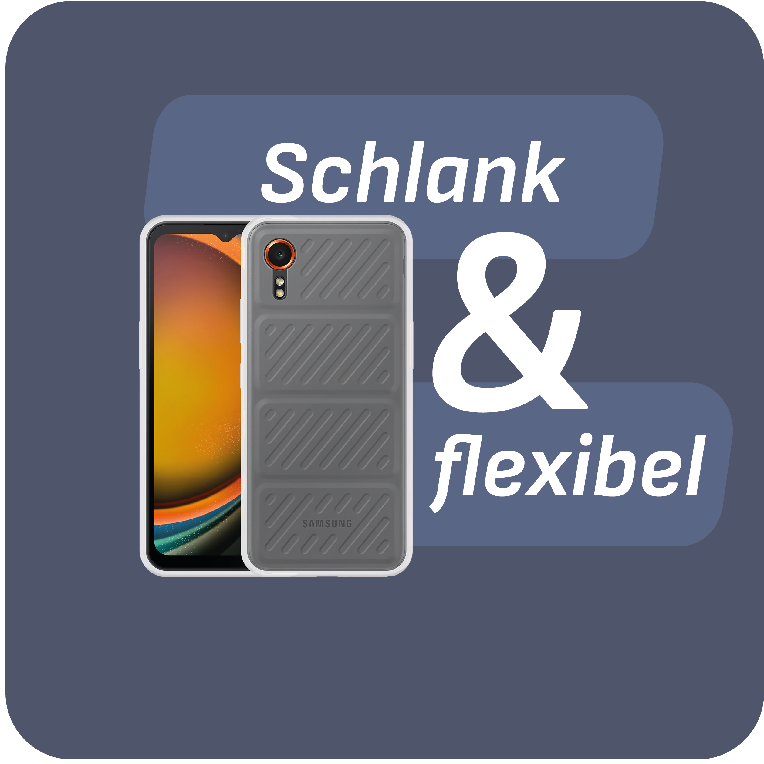 Telefon und Hülle. Hülle grau mit weißem Rand. Text: schlank & flexibel.