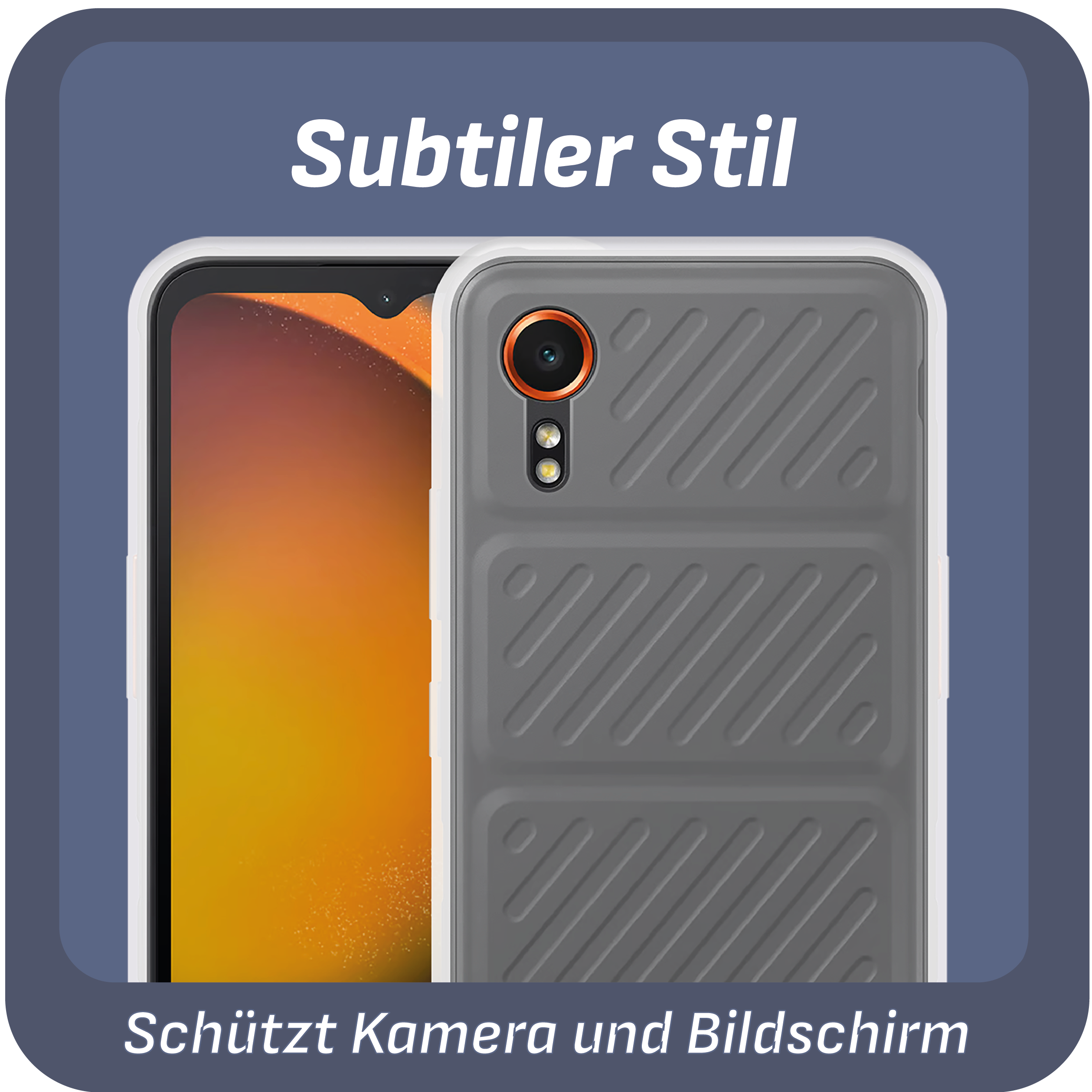 Telefon in Hülle. Der Bildschirm des Telefons ist durch die Hülle sichtbar.