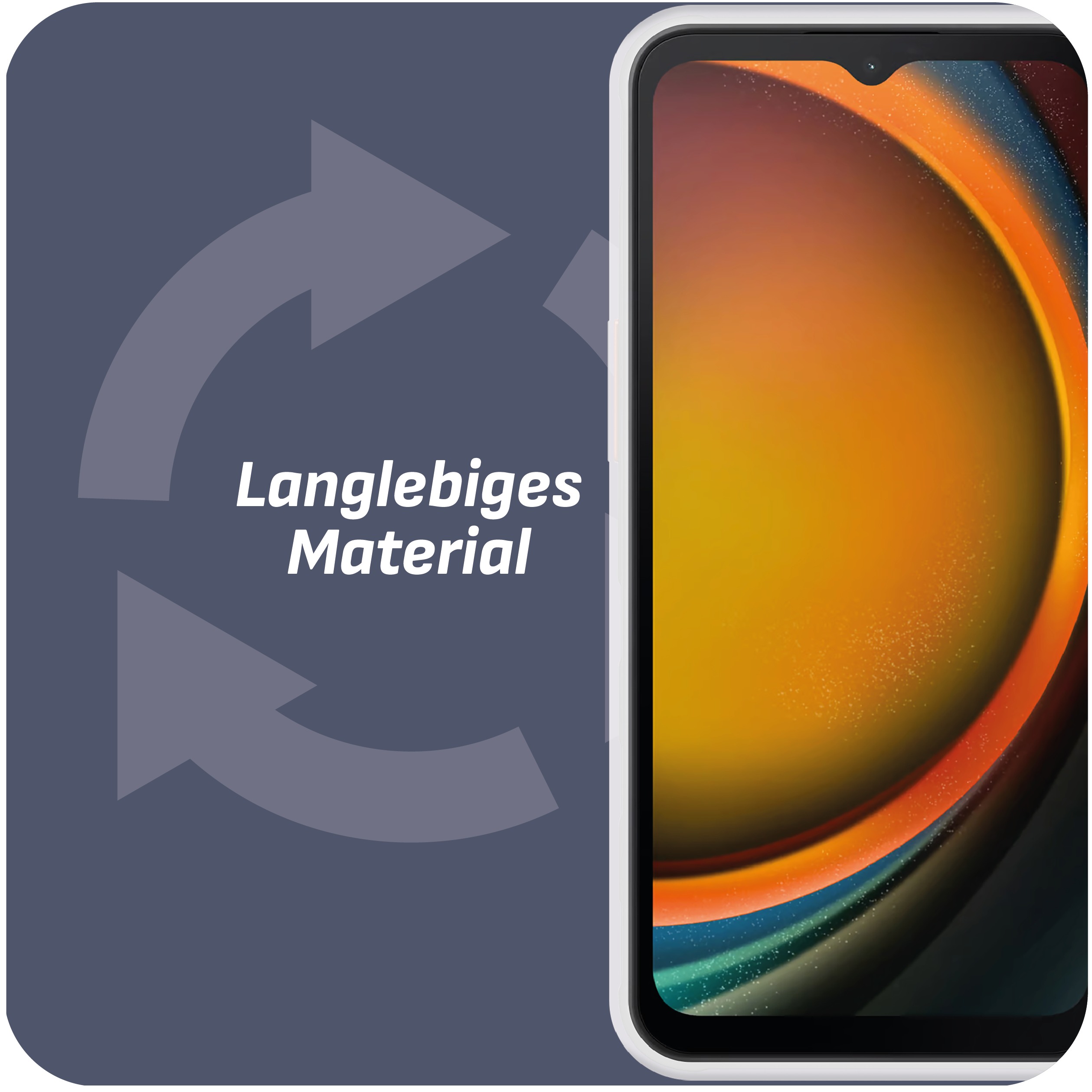 Ein Telefon mit orangefarbenem und blauem Hintergrund in einer Hülle. Text: Langlebiges Material.