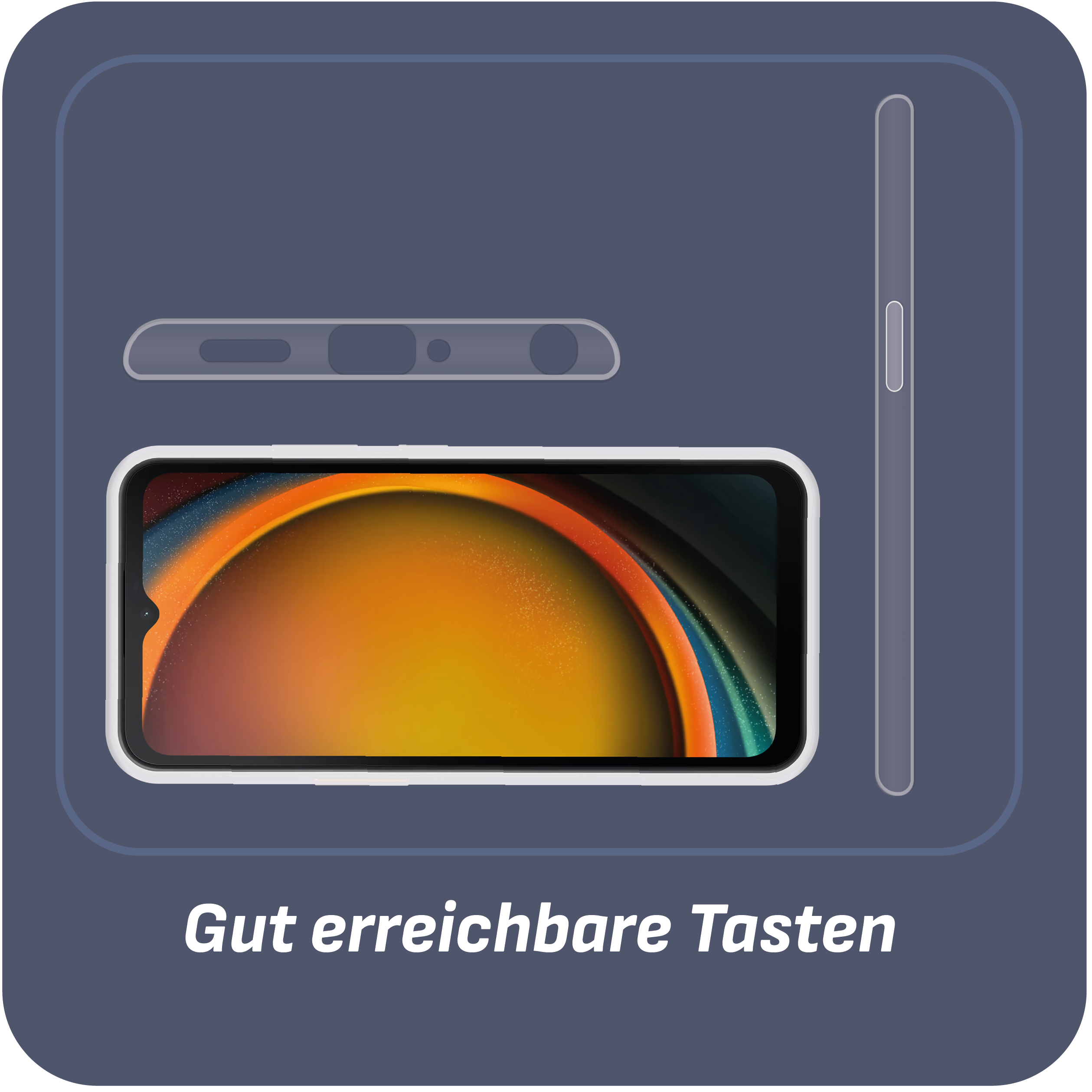 Telefon in weißer Hülle. Zeigt Bildschirm und Ausschnitte. Text: "Gut erreichbare Tasten".