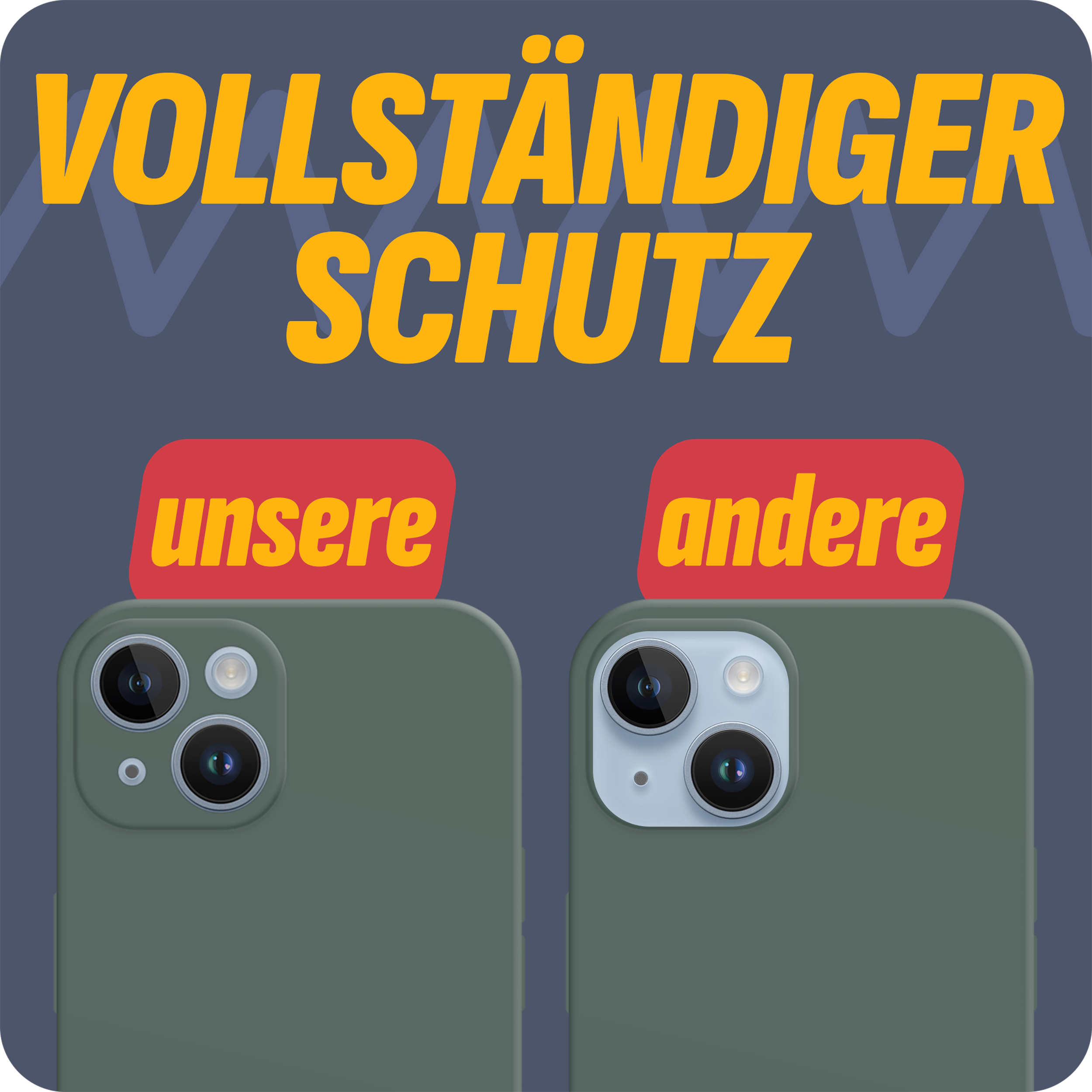 Zwei Handyhüllen mit Handys. Eine ist grün, die andere orange. Text oben lautet 'Vollständiger Schutz'.