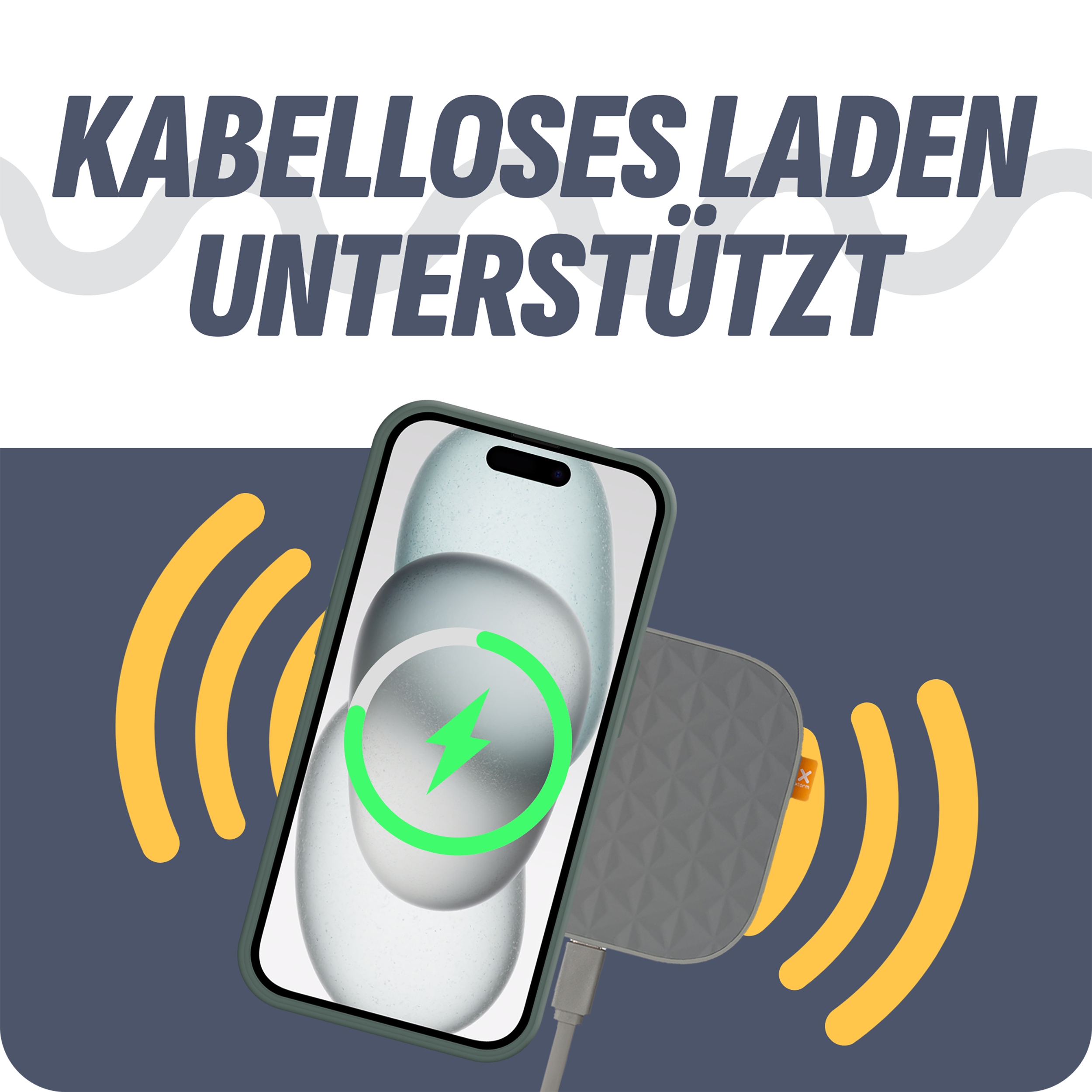 Telefon, das drahtlos auf einer Ladestation geladen wird, mit Blitzsymbol.