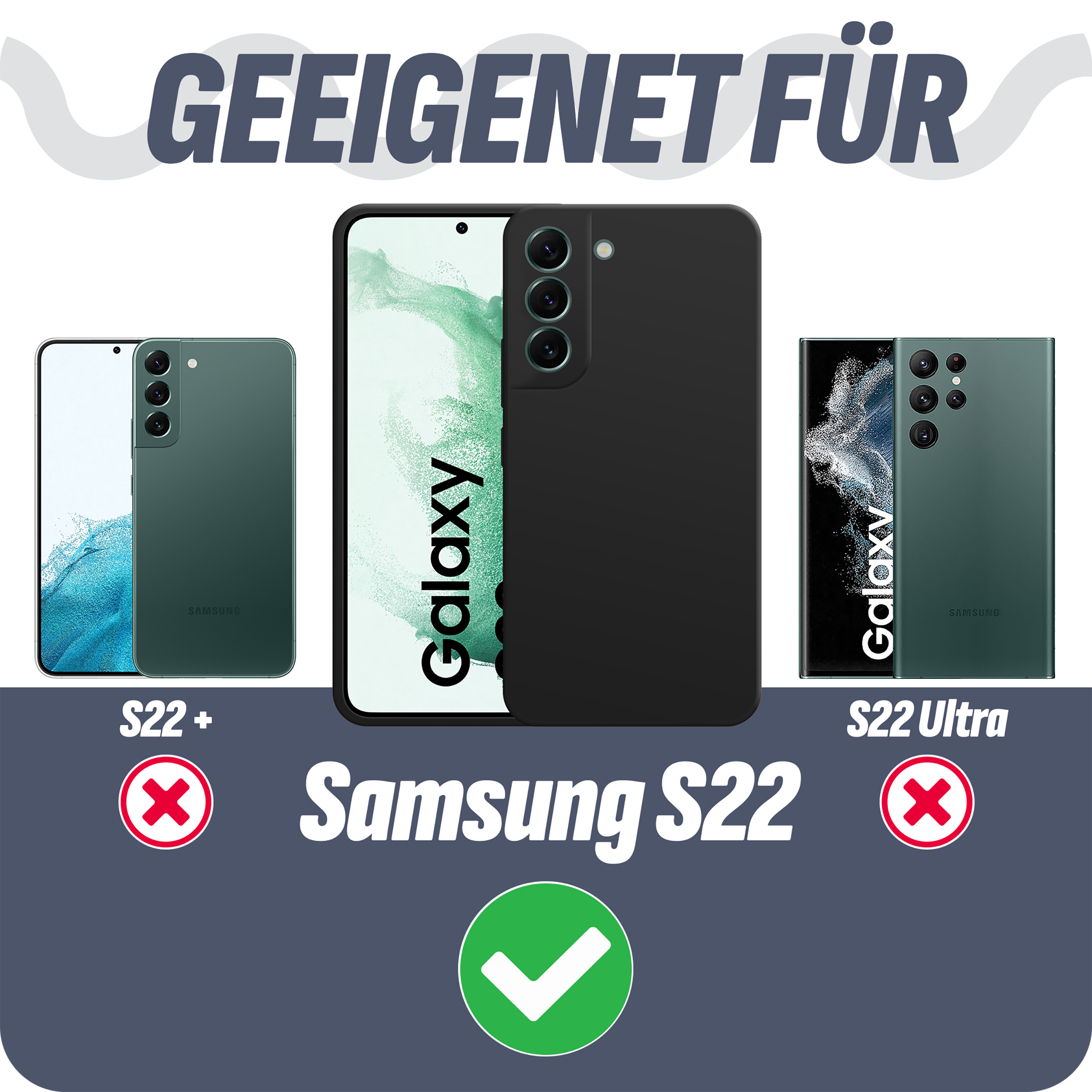 Das Bild zeigt drei Telefone und Text, der darauf hindeutet, dass eine Handyhülle für Samsung S22 geeignet ist.