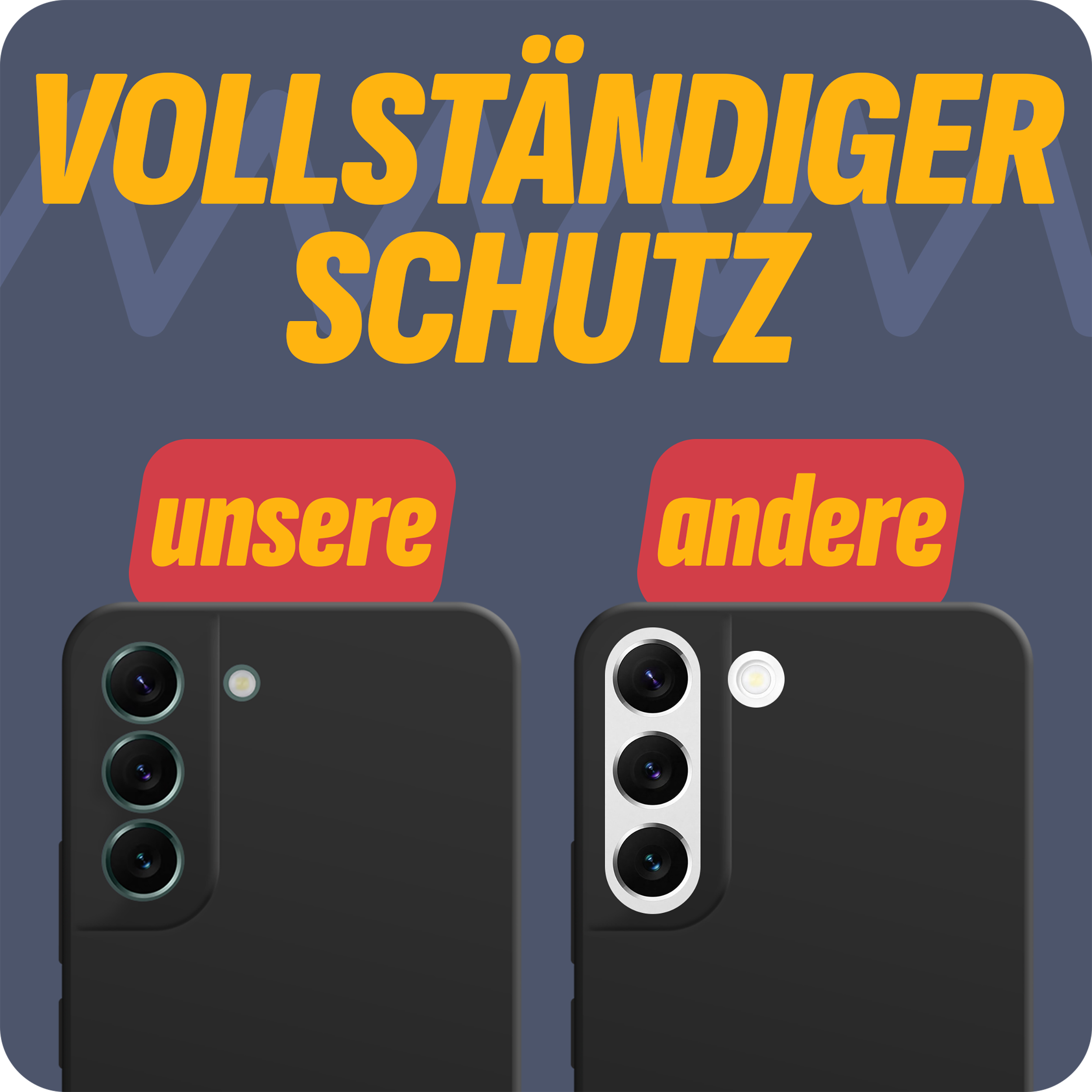 Zwei schwarze Handyhüllen mit unterschiedlichen Kameraausschnitten, rote Labels.