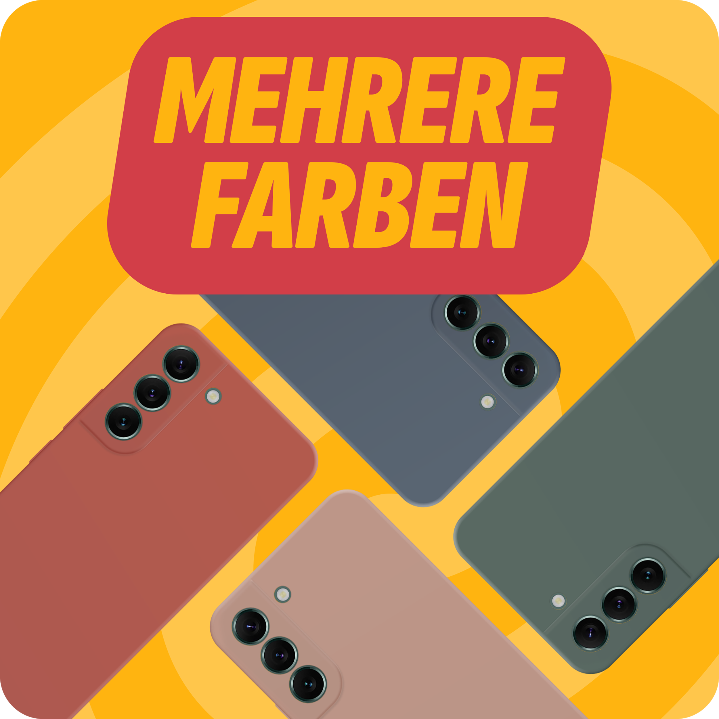 Vier Handyhüllen in verschiedenen Farben werden mit dem Text "Mehrere Farben" auf einem roten Banner angezeigt.
