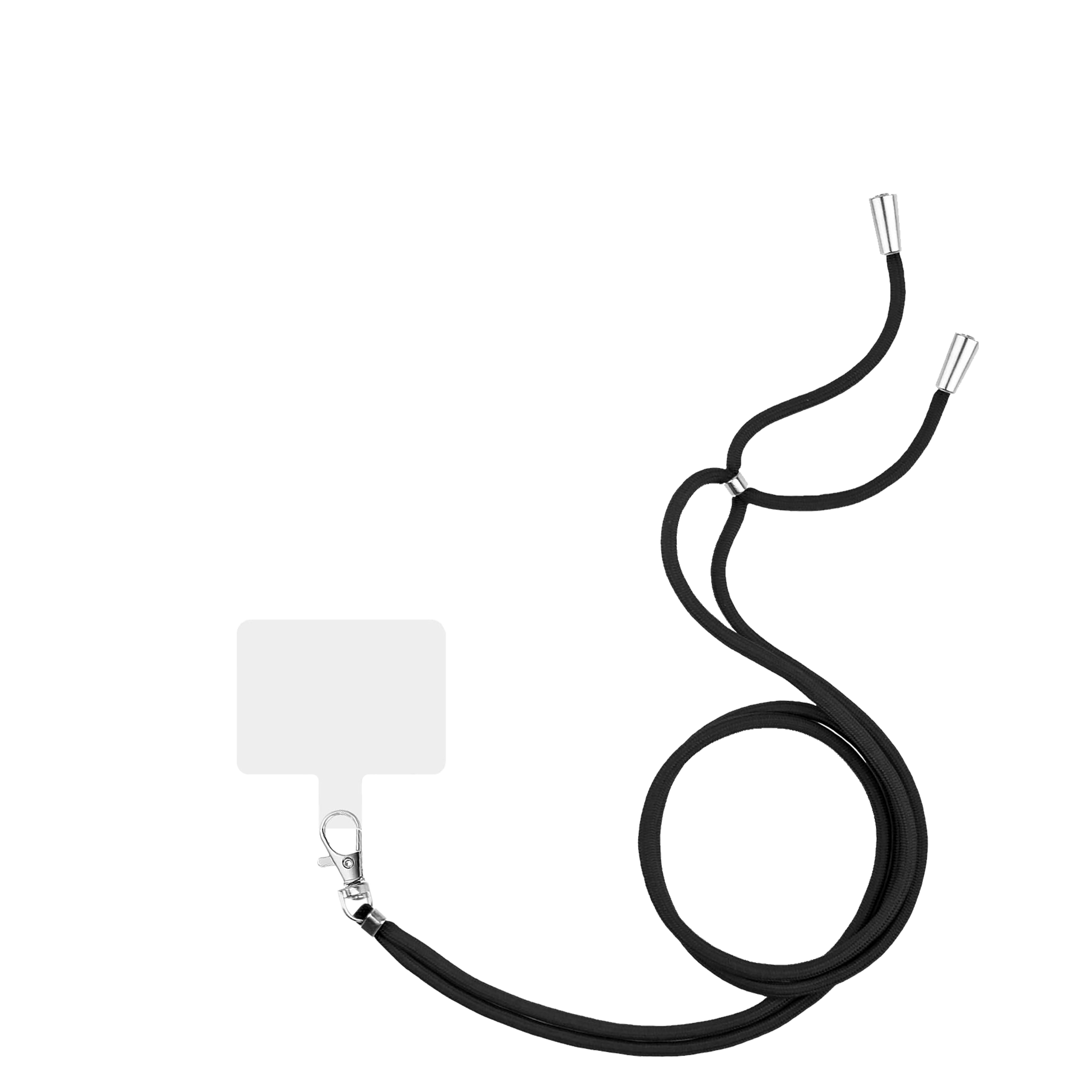 Schwarzes Telefon-Umhängeband mit weißem Rechteck-Aufsatz und silberfarbener Hardware.