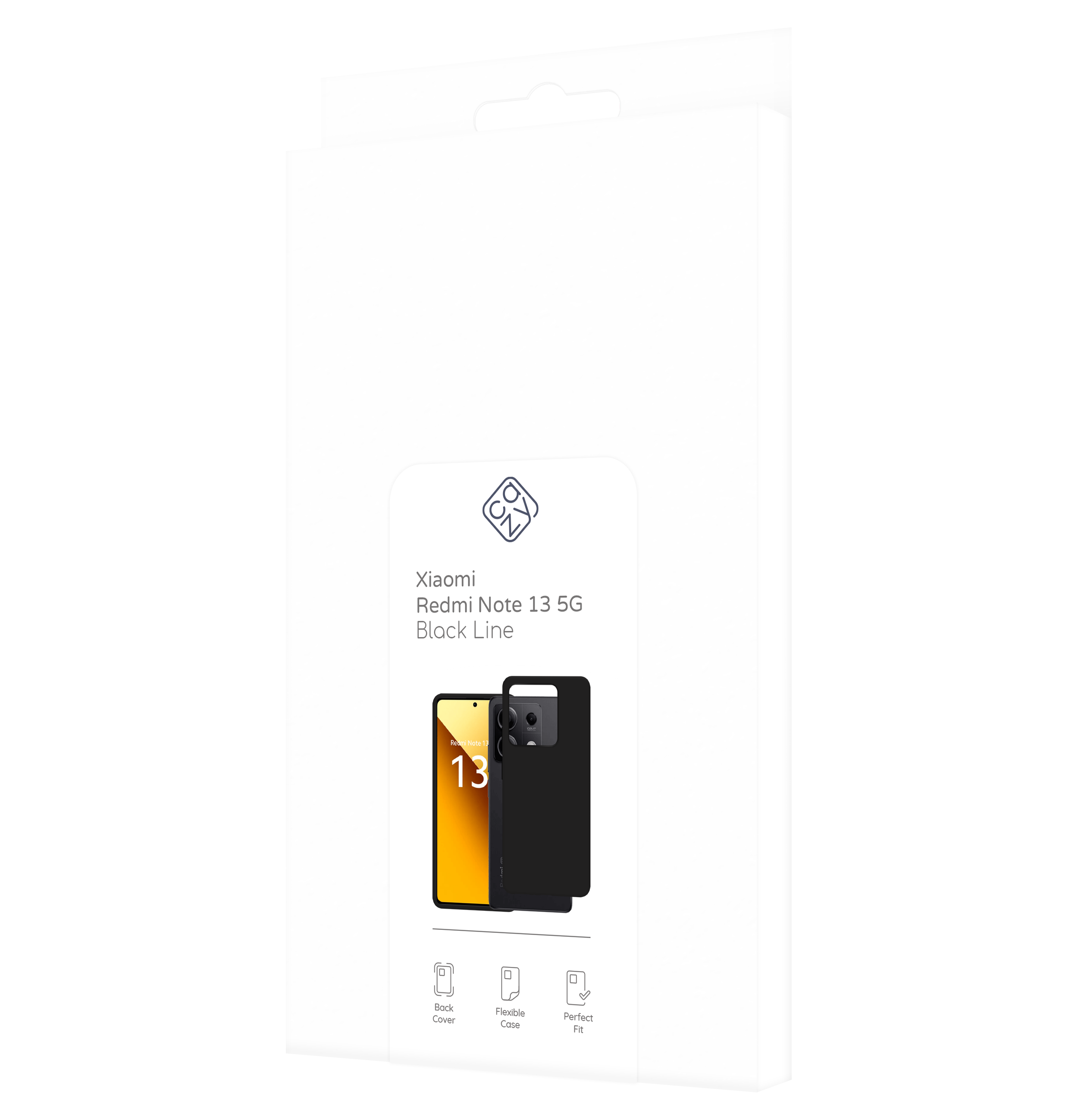 Eine weiße Verpackung für eine Handyhülle. Sie zeigt ein Telefon mit Hülle und Text: Black Line und Perfect Fit.