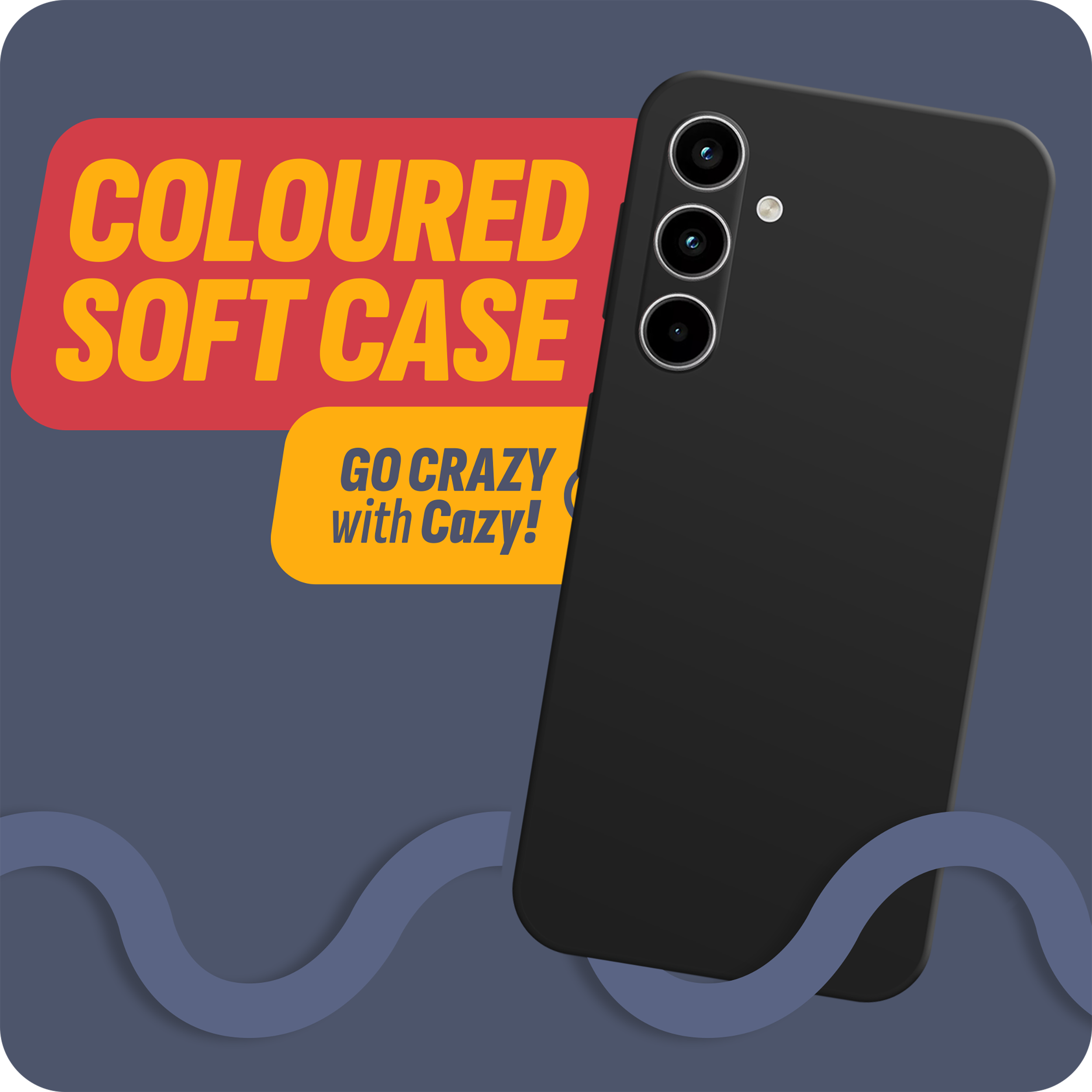 Eine schwarze Handyhülle mit den Worten 'COLOURED SOFT CASE' und 'GO CRAZY'.