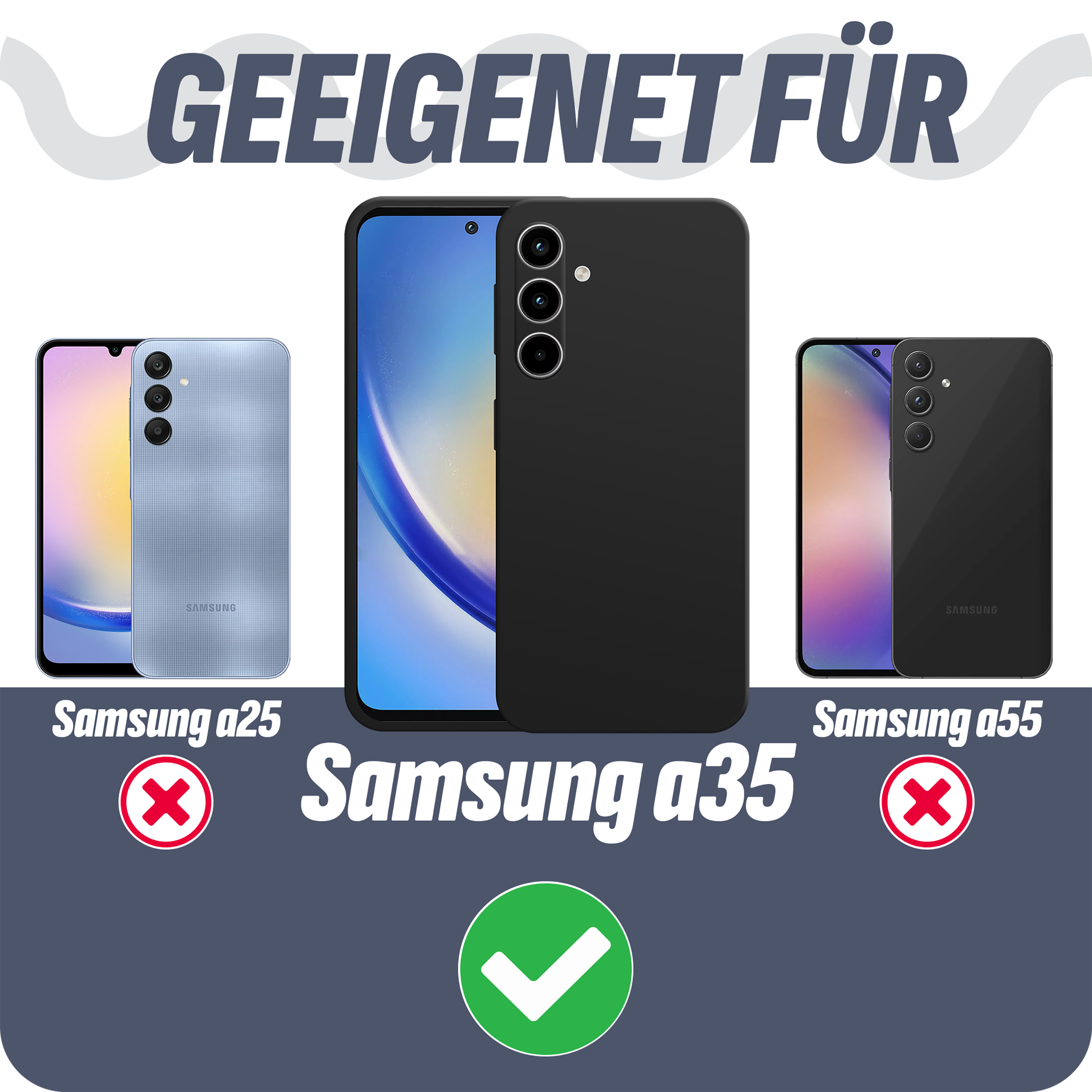 Bild mit Handyhüllen und Handys, 'Samsung a35' als kompatibel hervorgehoben.