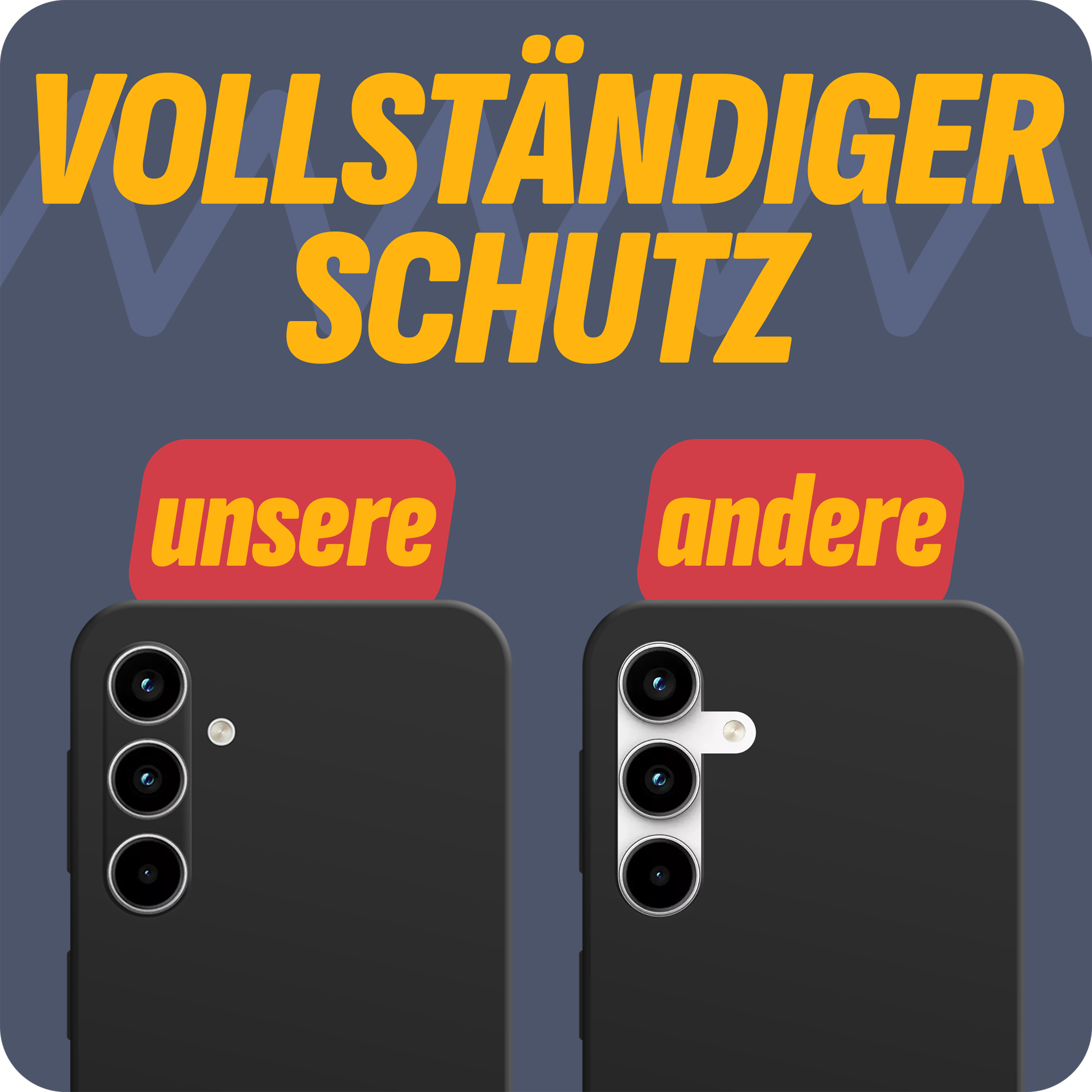 Zwei Handyhüllen. Ein Telefon mit Kamera und das andere ohne. Text auf Deutsch.
