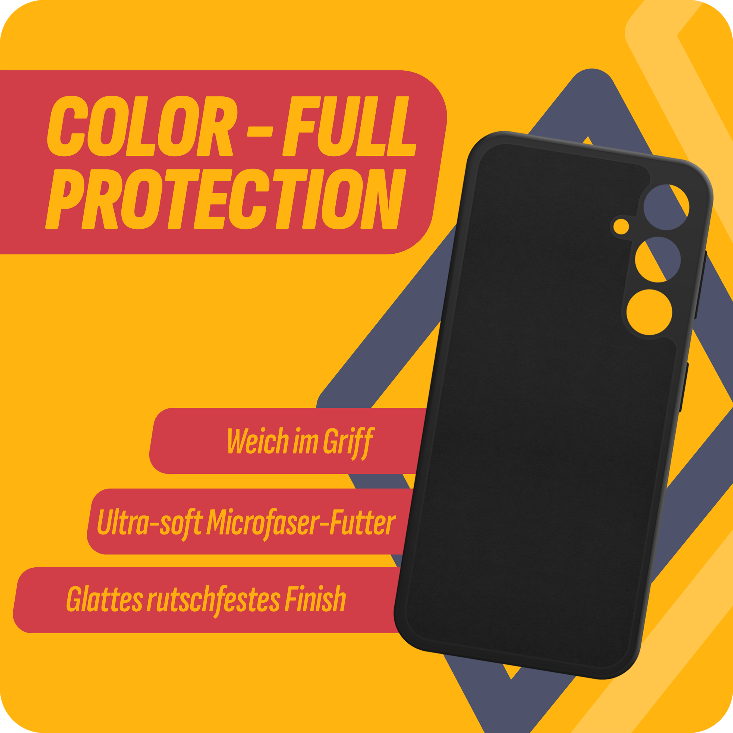 Schwarze Handyhülle mit Text: COLOR-FULL PROTECTION, Weich im Griff, Ultra-soft Microfaser-Futter.