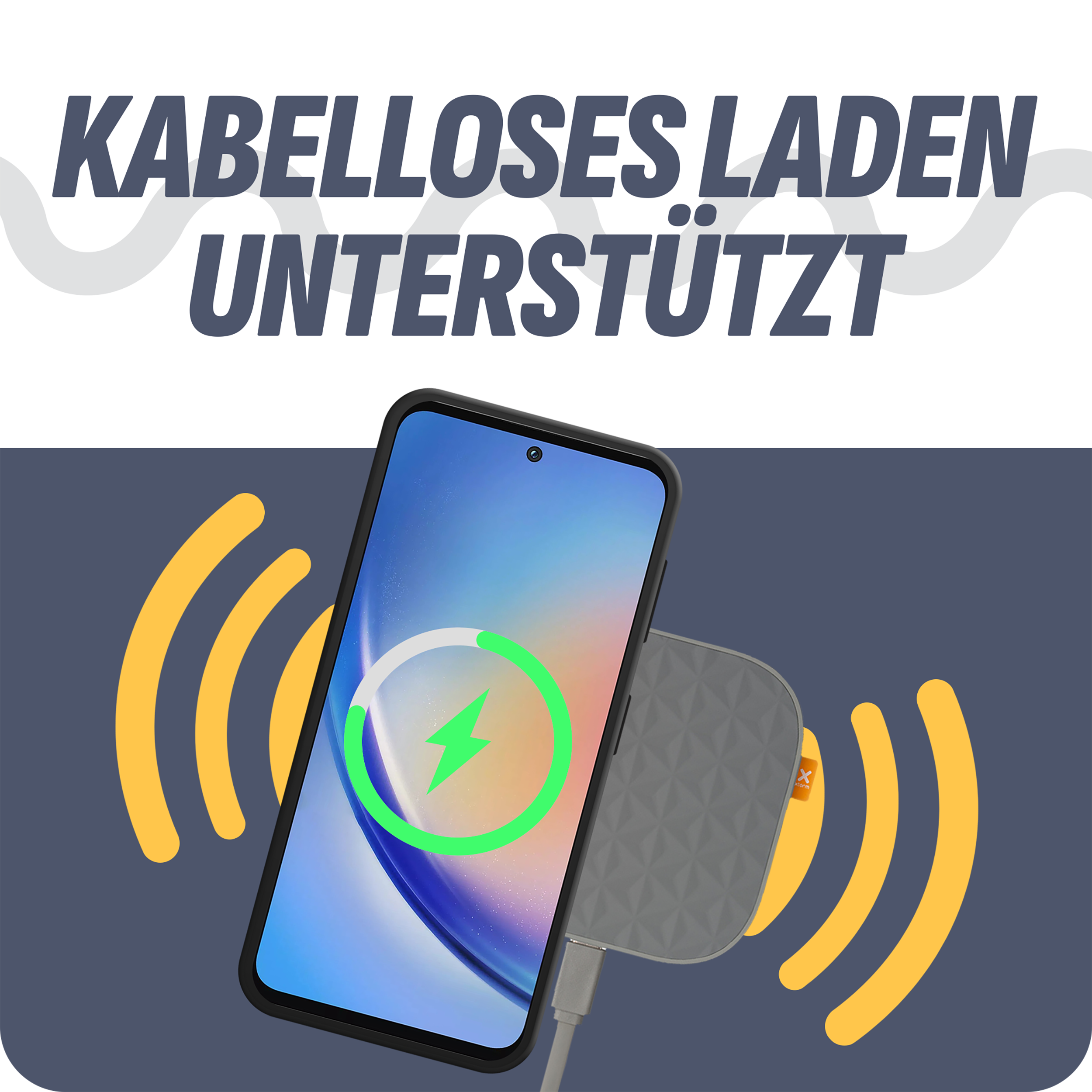 Telefon lädt drahtlos und zeigt eine grüne Ladeanzeige.