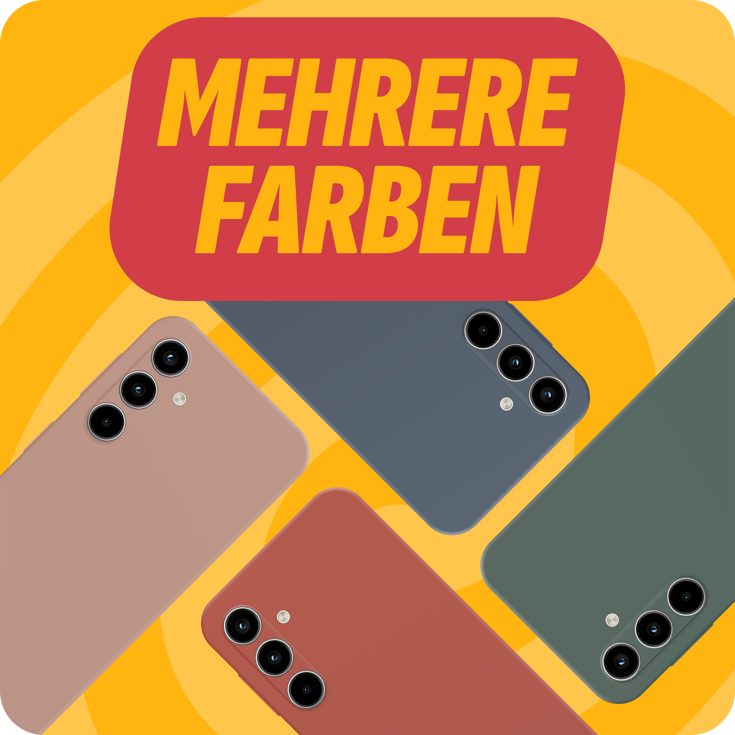 Bild von vier Telefonen in verschiedenen Farben. Der Text lautet 'MEHRERE FARBEN' in Gelb und Rot.